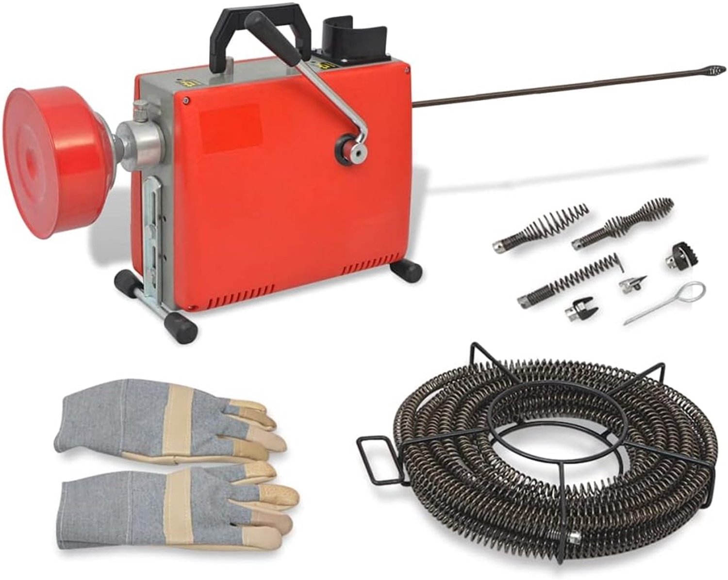 Buisreinigingsmachine 250 W met 15 m spiraal 16 mm en 4,5 m adapter spiraal 9,5 mm, afvoerreiniger voor professionals en huishouden