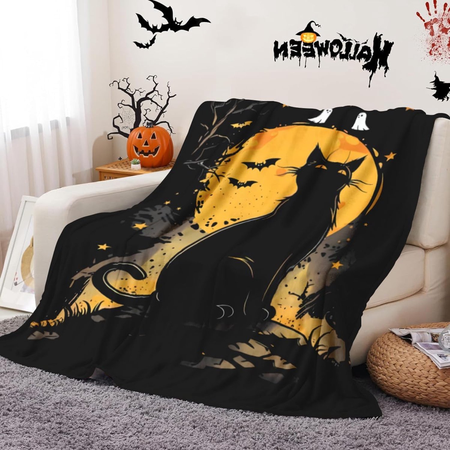 Plaid 150 x 100 cm - omkeerbare zachte gezellige lantaarn pompoen ontwerp - griezelig horrordecor voor slaapbank - grappig enge sfeer cadeau (zwart/oranje) (Wit2)