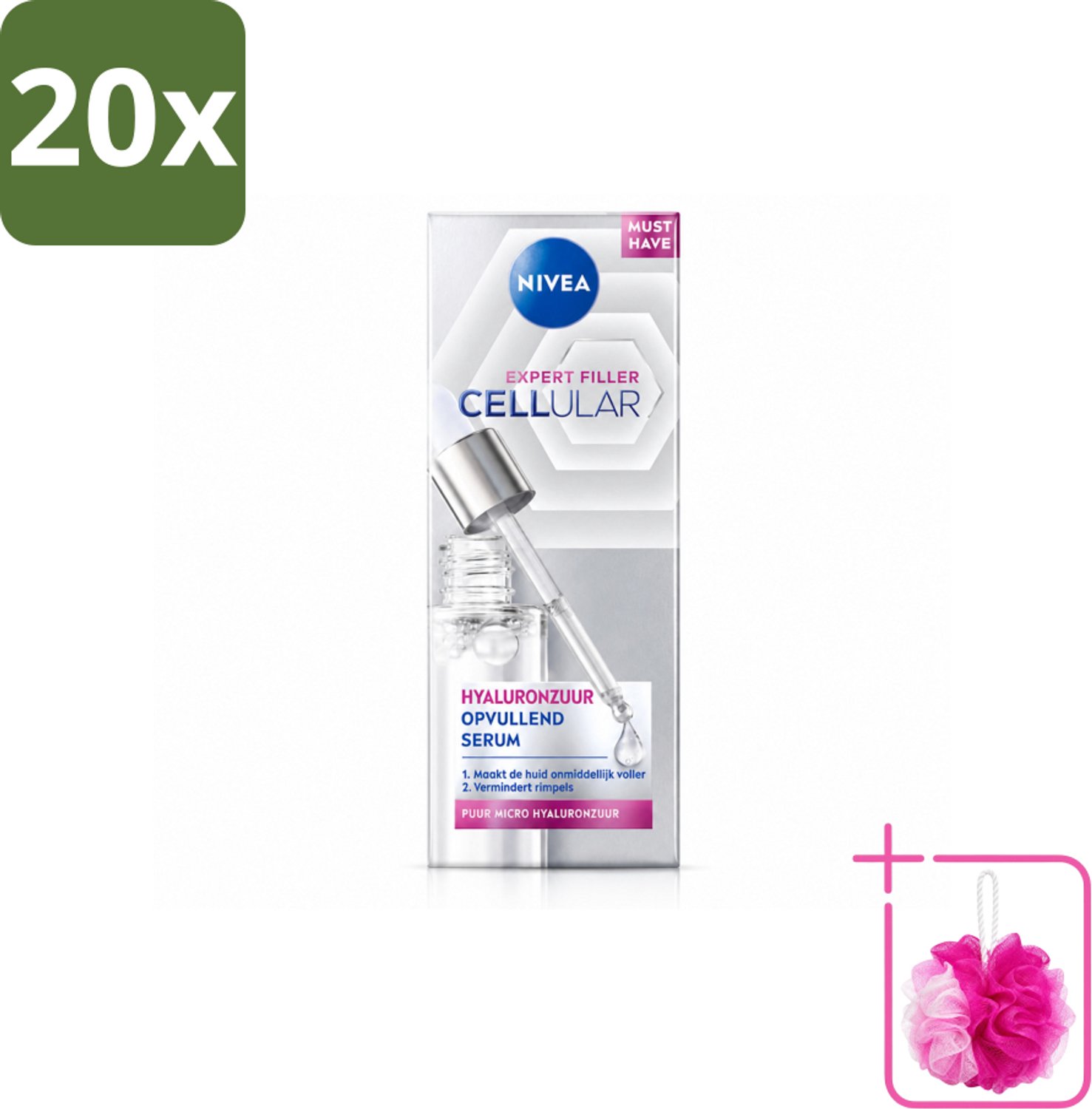 20 x Nivea - Cellular - Expert Filler Hyaluronzuur Serum - Rimpelvullend en Hydraterend - 30 ml - Bulkverpakking - Hyaluronzuur serum - Douchemop - Rimpelvulling
