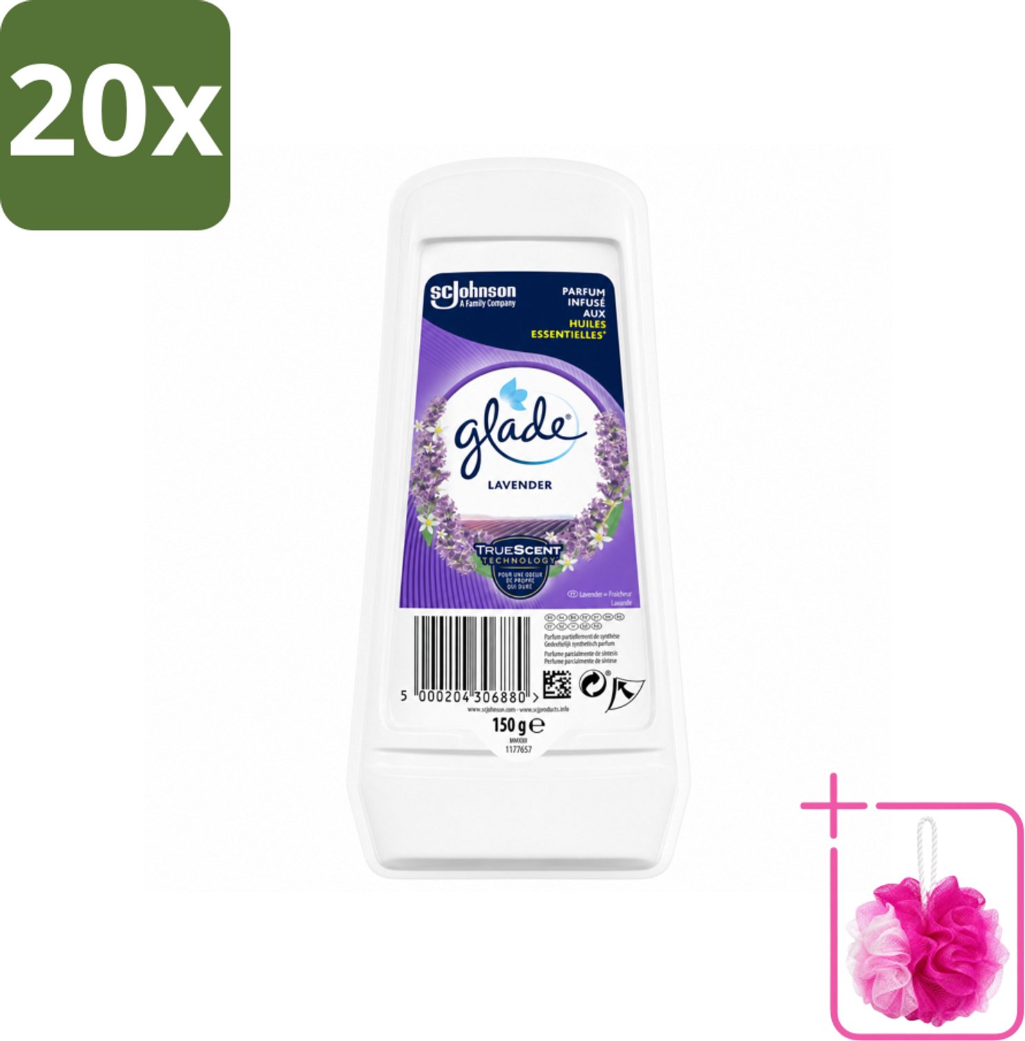20 x Glade - Gel - Tranquil Lavender & Aloë - 150 g - Bulkverpakking - Luchtverfrisser - Douchemop - Geur