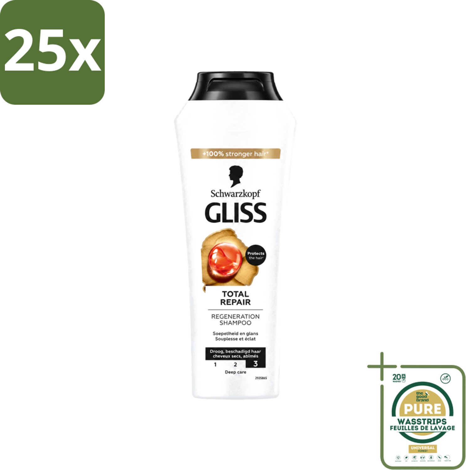 25 x Gliss - Shampoo - Total Repair - Voor Intensief Haarherstel - 250 ml - Wasstrips - Haarherstel Shampoo - Beschadigd Haar - Keratine Shampoo - Haarbreuk Verminderen - Glanzend Haar