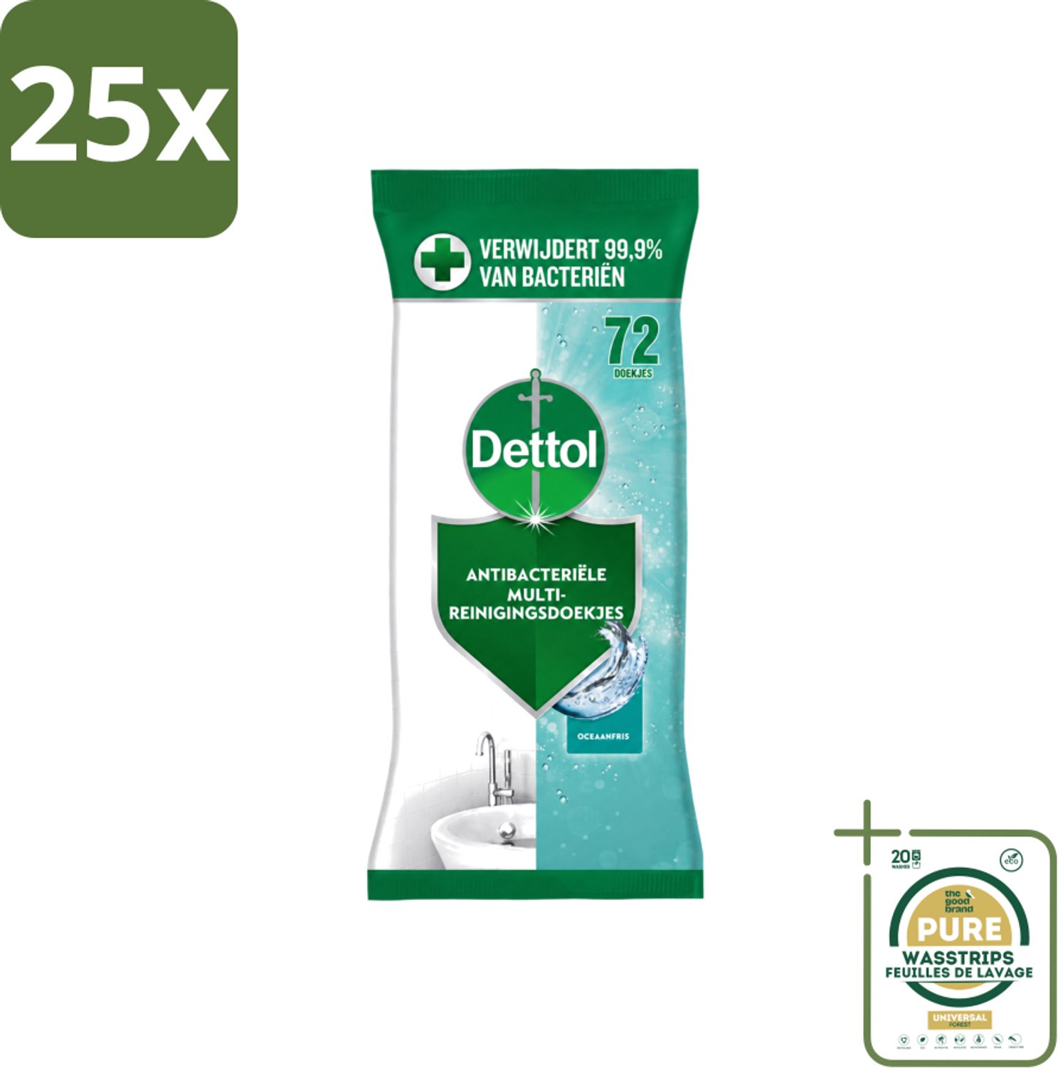 25 x Dettol - Reinigingsdoekjes - Oceaanfris - Antibacteriële Reiniging - 72 Doekjes - Wasstrips - Reinigingsdoekjes - Oceaanfris - Antibacteriële Reiniging - Hygiëne - Huishoudelijke Reiniger