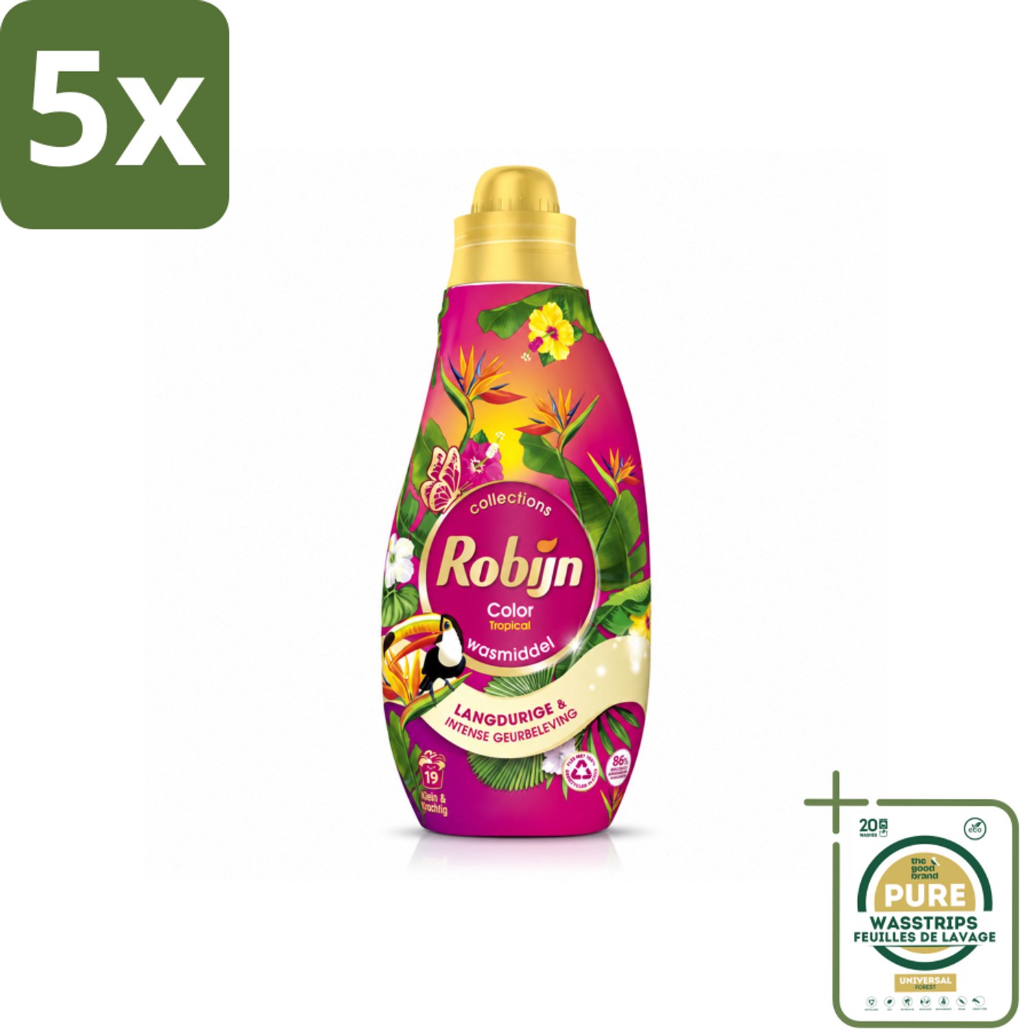 5 x Robijn - Klein & Krachtig Color Tropical - Wasmiddel - 19 Wasbeurten - 665 ml - Wasstrips - Kleurbehoud - Tropische Geur - Wasmiddel Voor Gekleurde Was - Vloeibaar Wasmiddel - Wasmiddel 665 Ml