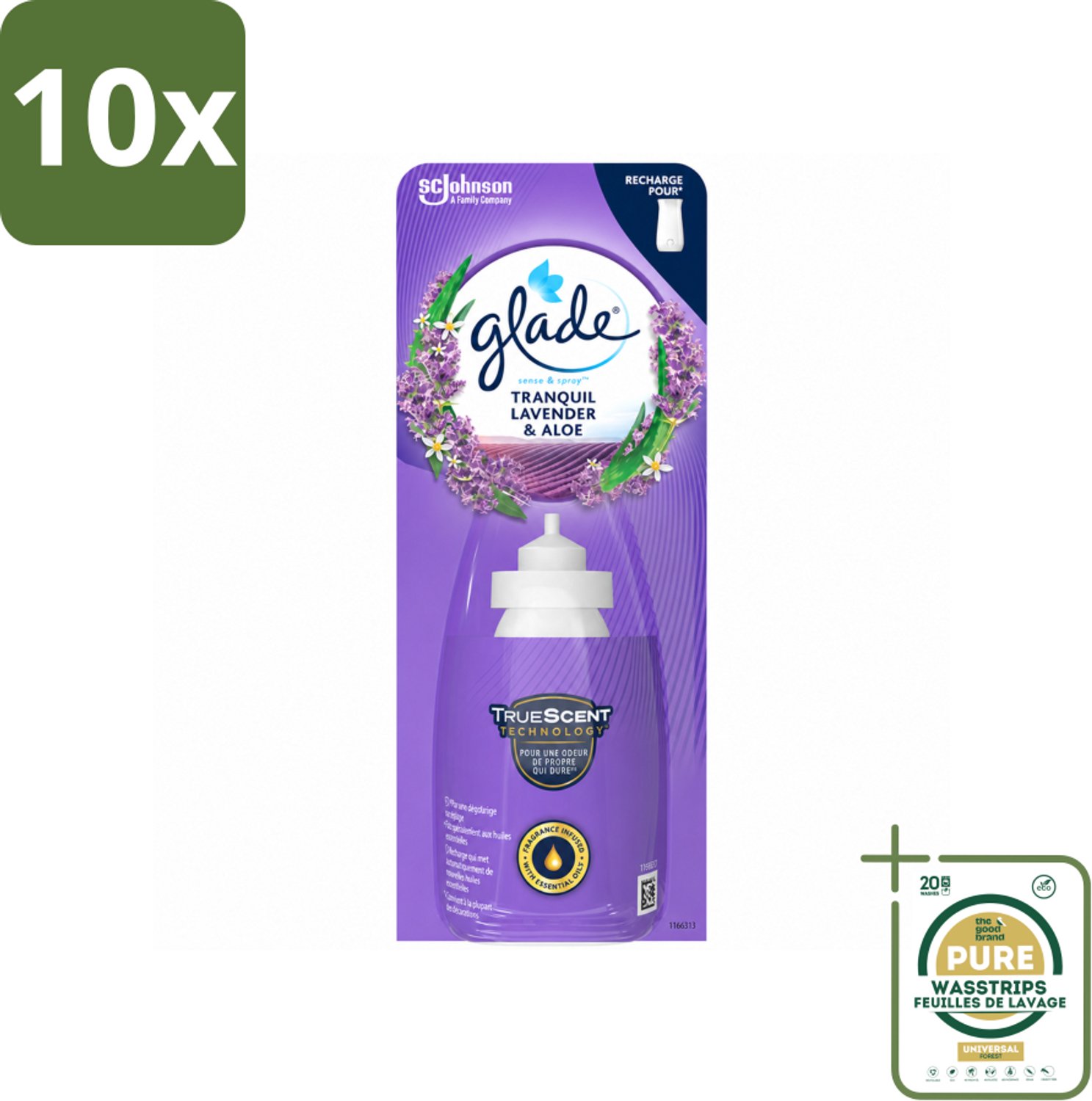 10 x Glade - Sense & Spray Navulling - Tranquil Lavender & Aloë - 18 ml - Wasstrips - Luchtverfrisser - Lavendel - Geur - Geurverspreiding - Geurhoudende Navulling