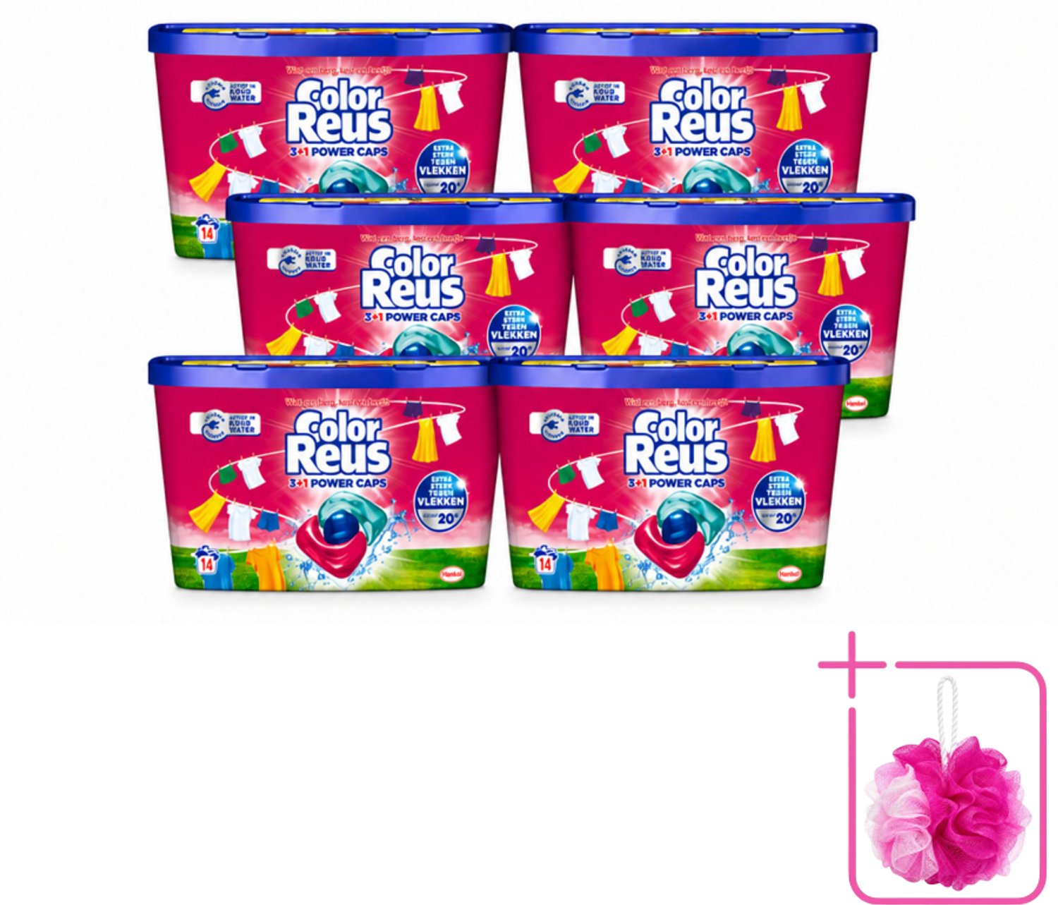 6 x Color Reus - 3+1 Power Caps - Gekleurde Was - 14 Wasbeurten - Bulkverpakking - Kleurbehoud - Douchemop - Wasmiddelcapsule
