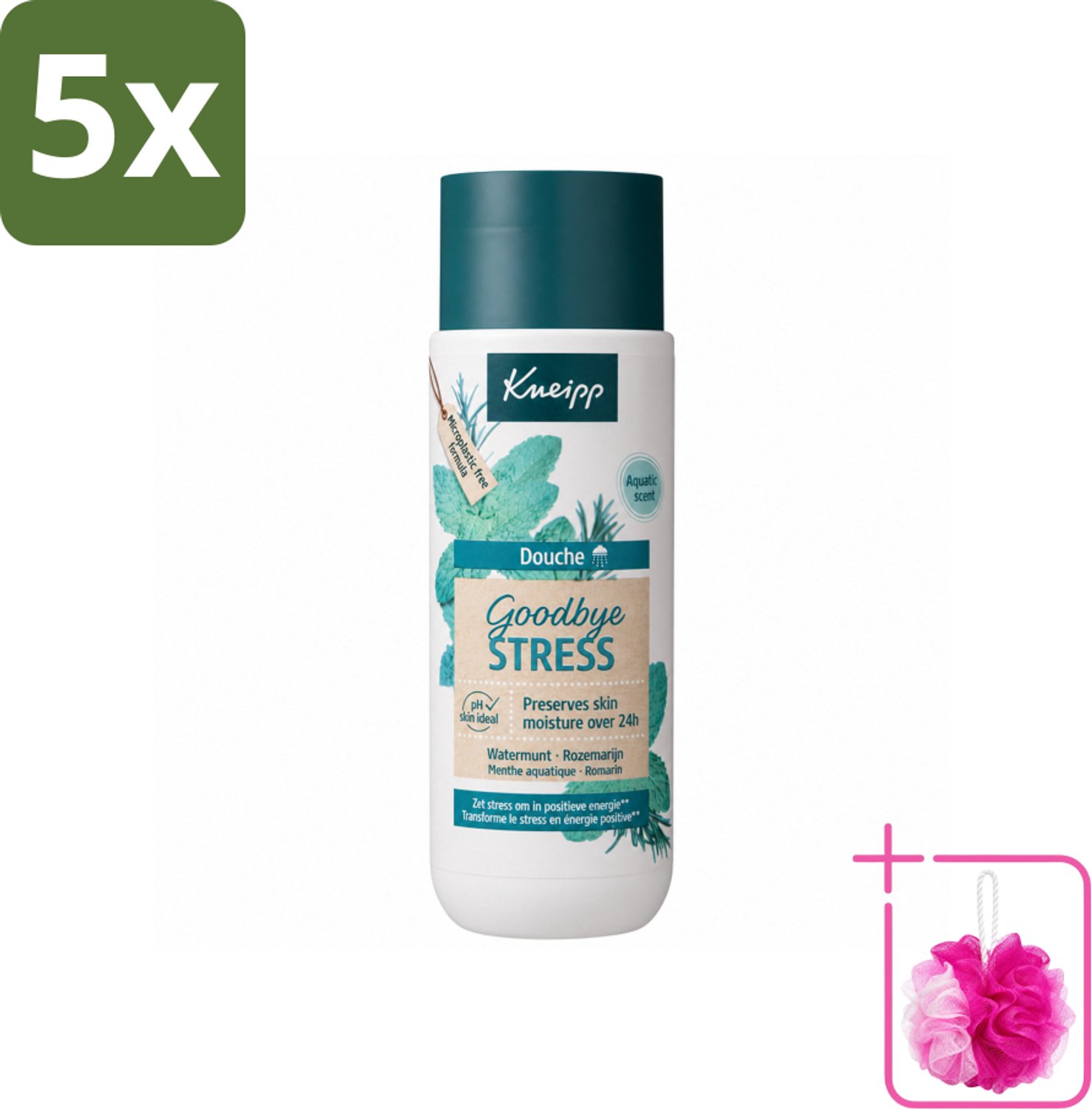 5 x Kneipp - Douchegel - Goodbye Stress - 200 ml - Bulkverpakking - Stressverlichting - Douchemop - Energie