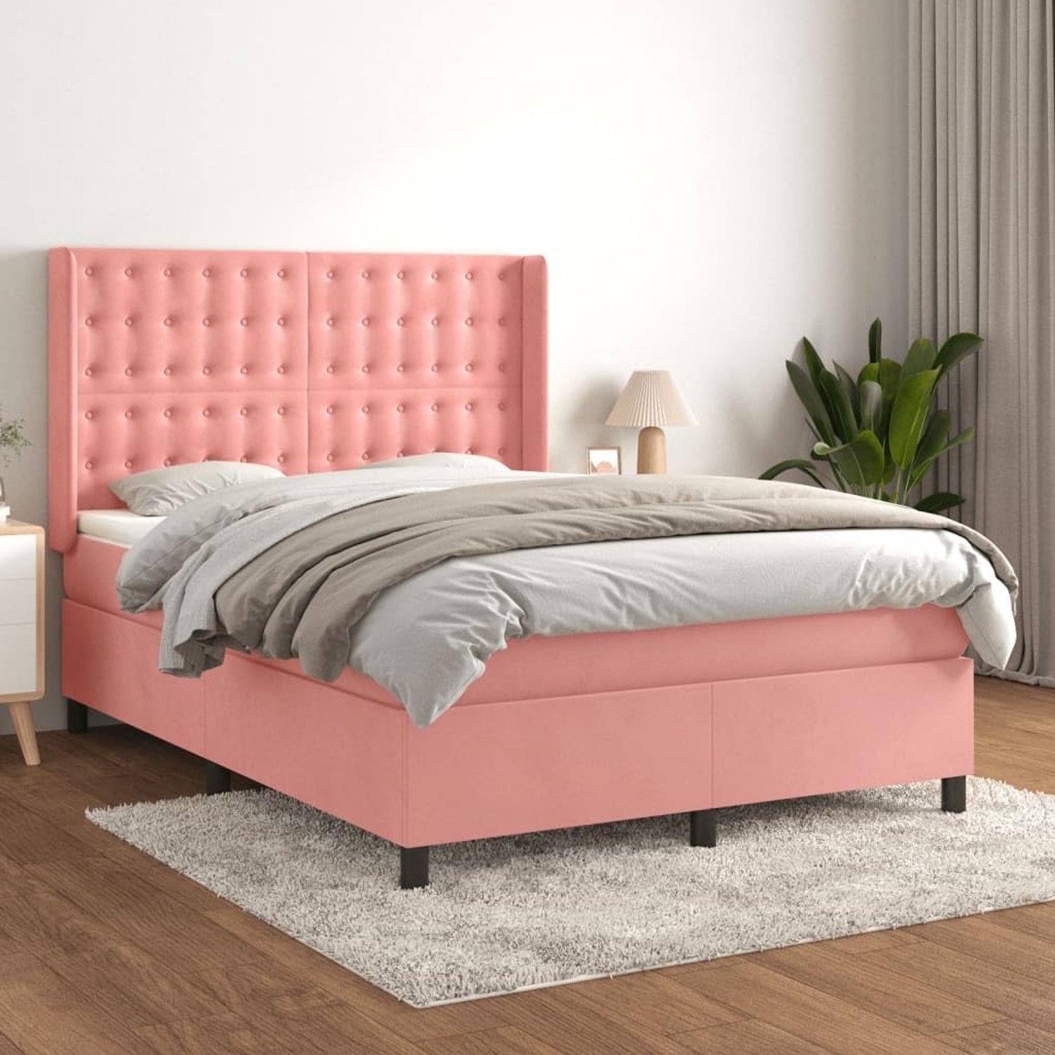 Familiebed, tweepersoonsbed, slaapkamermeubel, boxspringbed met matras, roze, 140x200 cm, fluweel