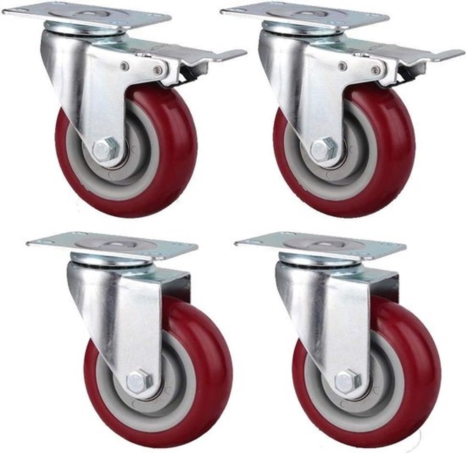 Zware zwenkwielen - Transportwielen voor meubels - Meubels verplaatsen - Met rem - 100mm - Rood