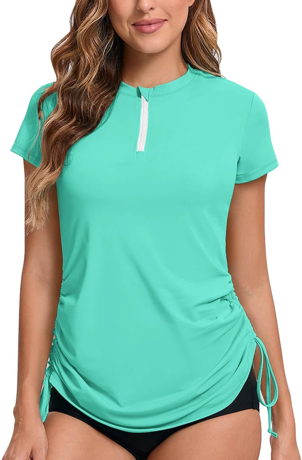 Dames water 1/4 ritssluiting zwemshirt Rashguard dames zwemshirt korte mouwen zwemmen T-shirt verstelbare zoom UPF 50+