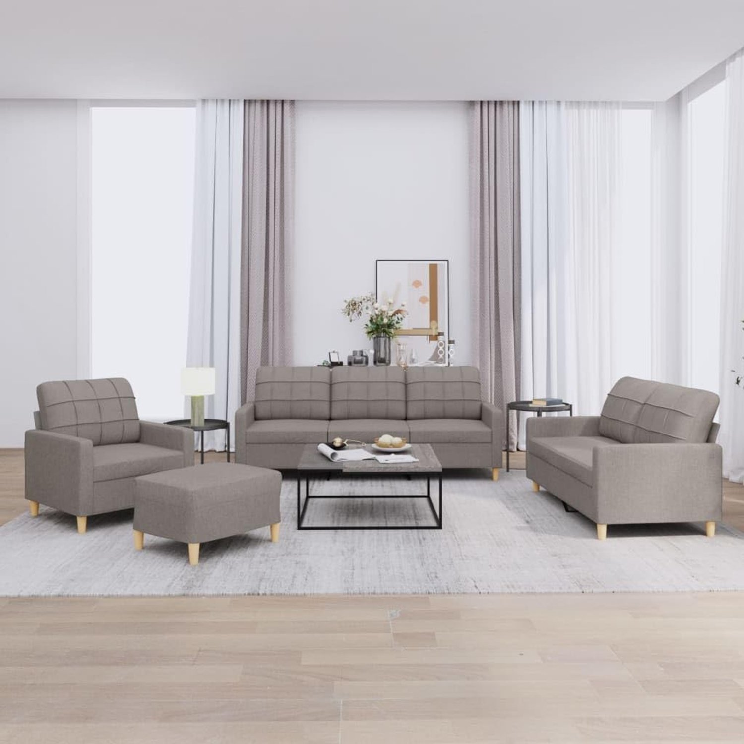 4-delig bankstel met kussen taupe stof comfortabele sofa voor woonkamer en lounge met robuust frame en veelzijdige voetenbank