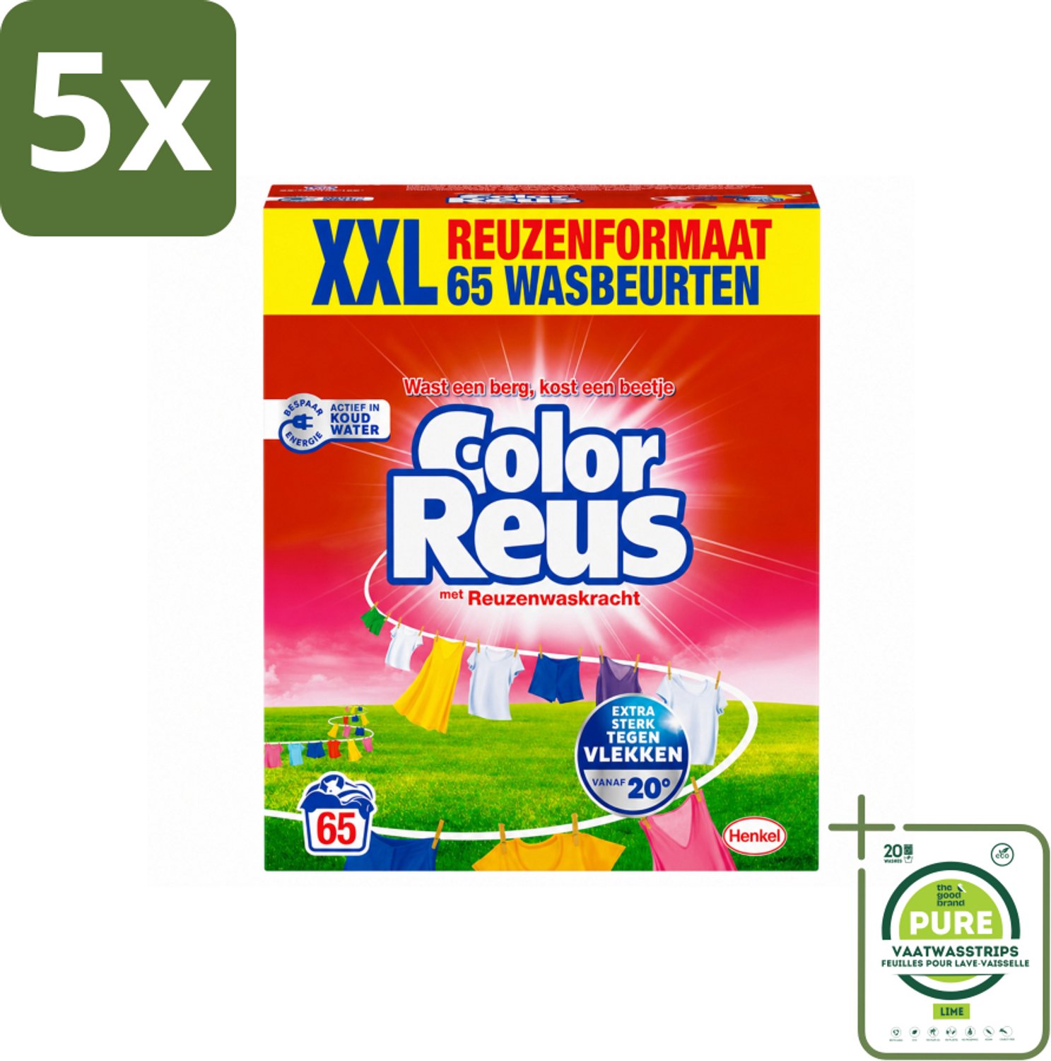 5 x Color Reus - Waspoeder - Gekleurde Was - 65 Wasbeurten - Grootverpakking - Vaatwasstrips - Kleurbehoud - Waspoeder - Vlekverwijdering - Frisheid - Energiebesparing