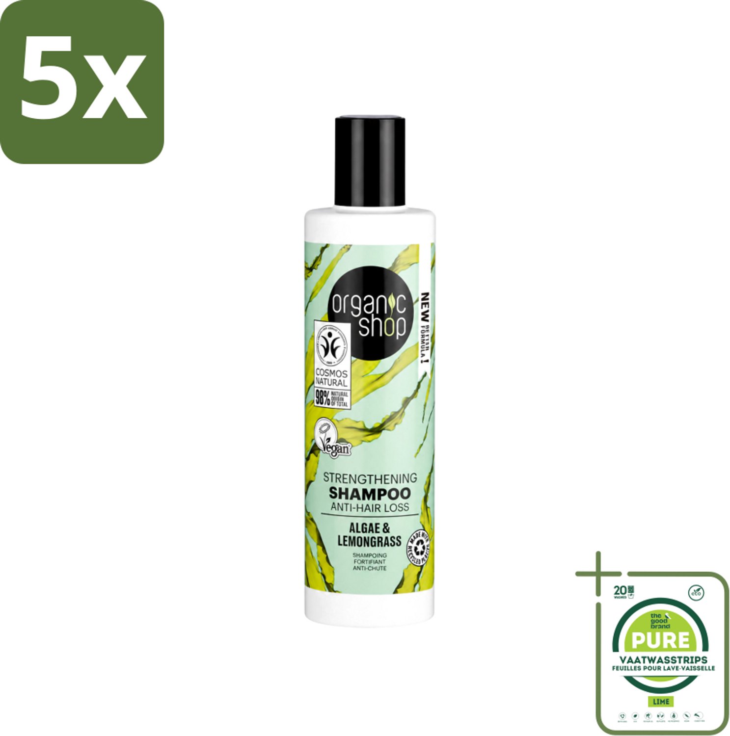 5 x Organic Shop - Algae & Lemongrass Strengthening Shampoo - Versterkend en Herstellend - 280 ml - Grootverpakking - Vaatwasstrips - Haarversterking - Haaruitval - Organisch Algenextract - Citroengrasolie - Gezonde Haarwortels