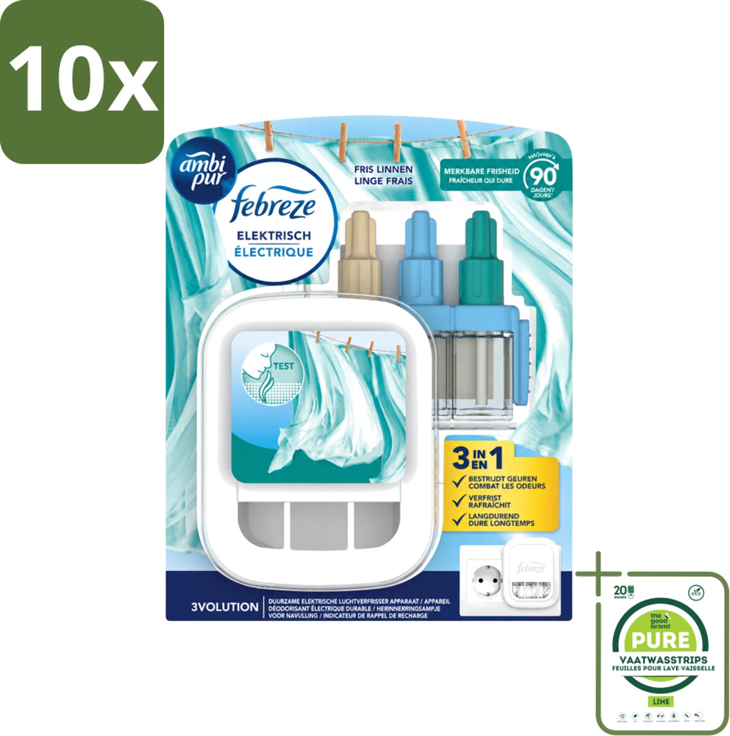 10 x Ambi Pur - 3Volution - Starterkit - Fresh Linnen - 20 ml - Grootverpakking - Vaatwasstrips - Geurwisseling - Frisse Linnengeur - Geurverspreiding - Geurbeleving - Automatische Geurwisseling