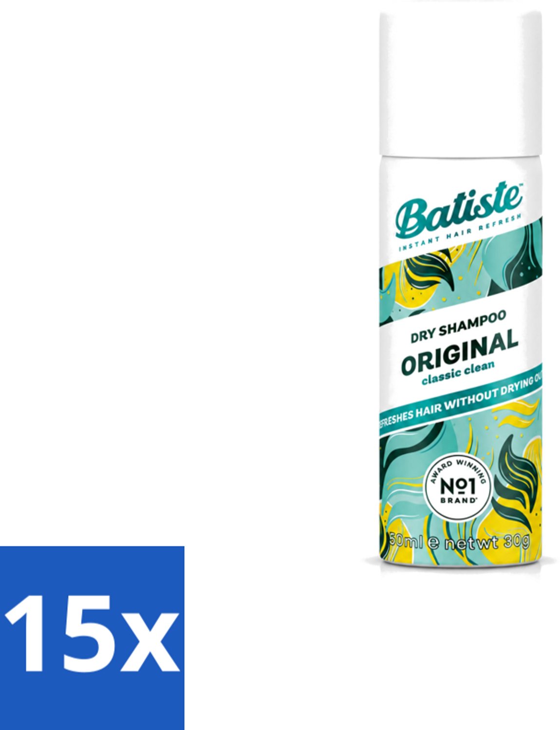 15 x Batiste - Classic Clean - Droogshampoo - Koele en Schone Geur - Verfrist en Geeft Grip - 50ml - Voordeelverpakking - 15 stuks