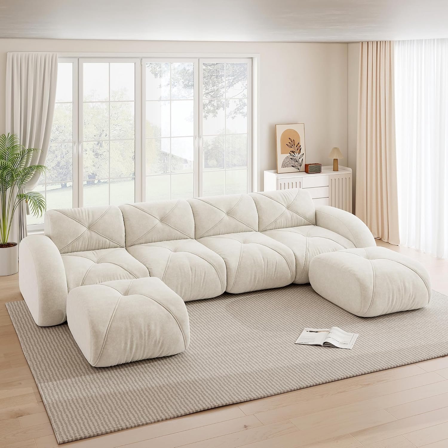 4-zits modulebank met 2 krukken, frameloze wolkenbank van chenille, zachte loungesofa, antislip, flexibel te combineren, geen montage, woonkamer, wit