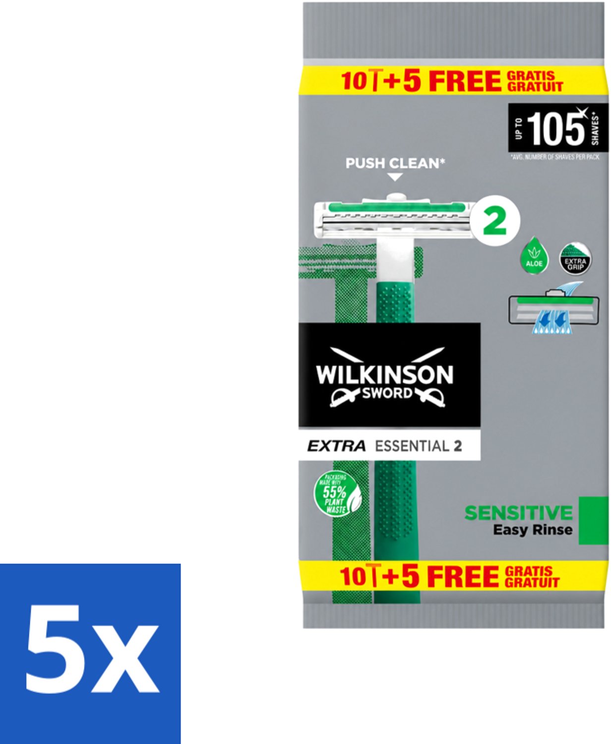 5 x Wilkinson - Wegwerpscheermesjes - Extra Essential 2 Sensitive - Zacht - 15 mesjes - Voordeelverpakking - 5 stuks