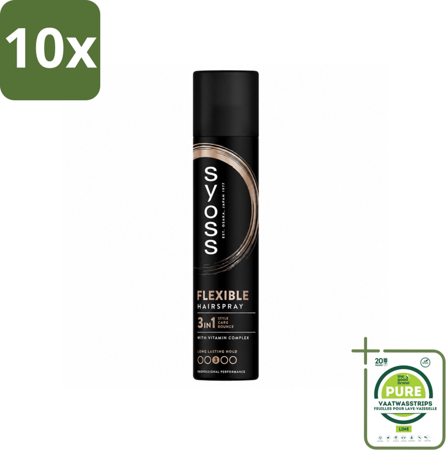 10 x Syoss - Hold & Flex - Haarspray - Flexibele Fixatie - 300 ml - Grootverpakking - Vaatwasstrips - Haarspray - Flexibele Fixatie - Natuurlijke Finish - Haar Verzorging - Haar Stijfheid