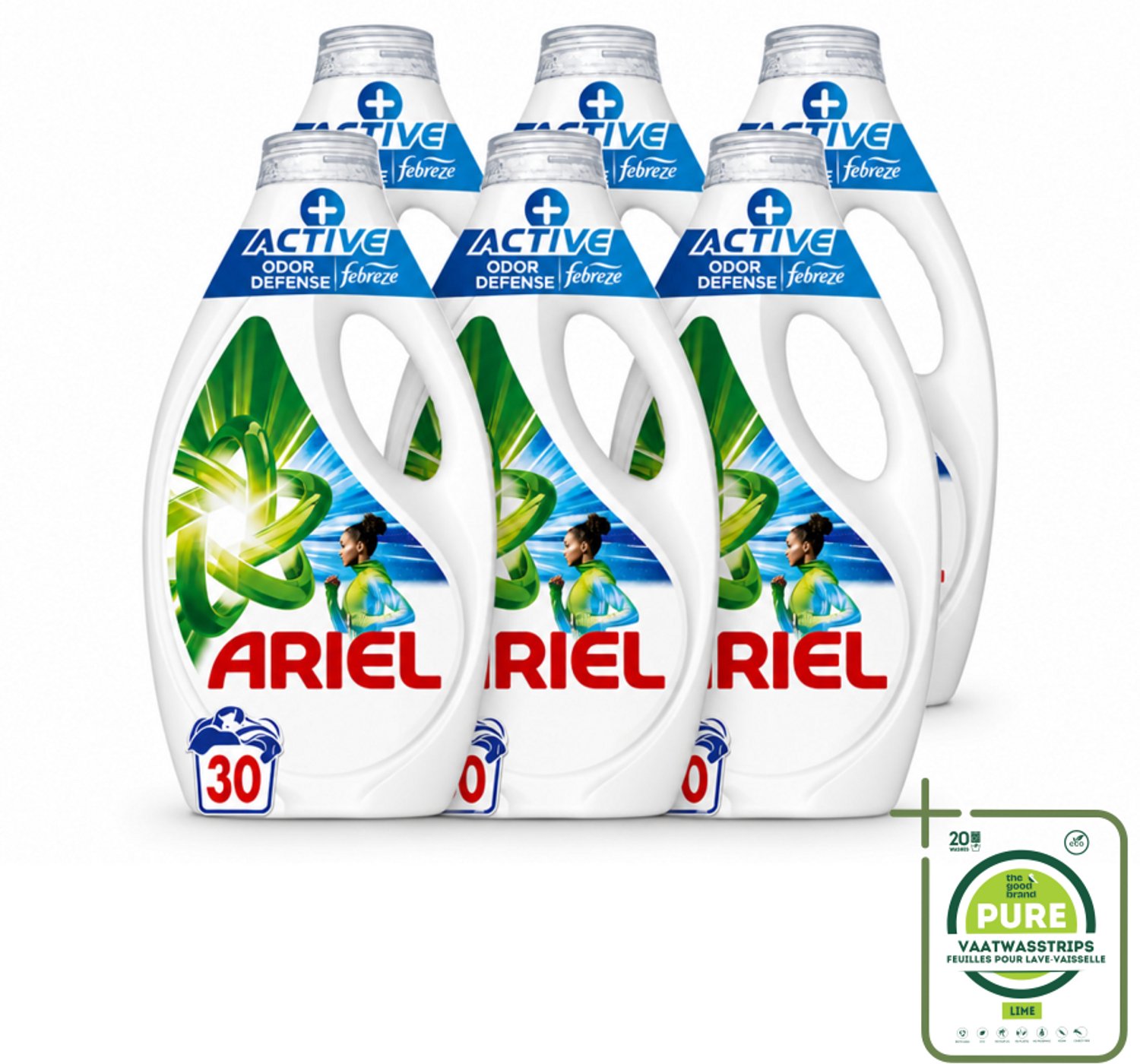 6 x Ariel - Vloeibaar Wasmiddel - +Actieve Odor Defense - 30 Wasbeurten - 1,35 liter - Grootverpakking - Vaatwasstrips - Wasmiddel - Geurverwijdering - Zweetgeuren - Vlekken - Wasbeurt