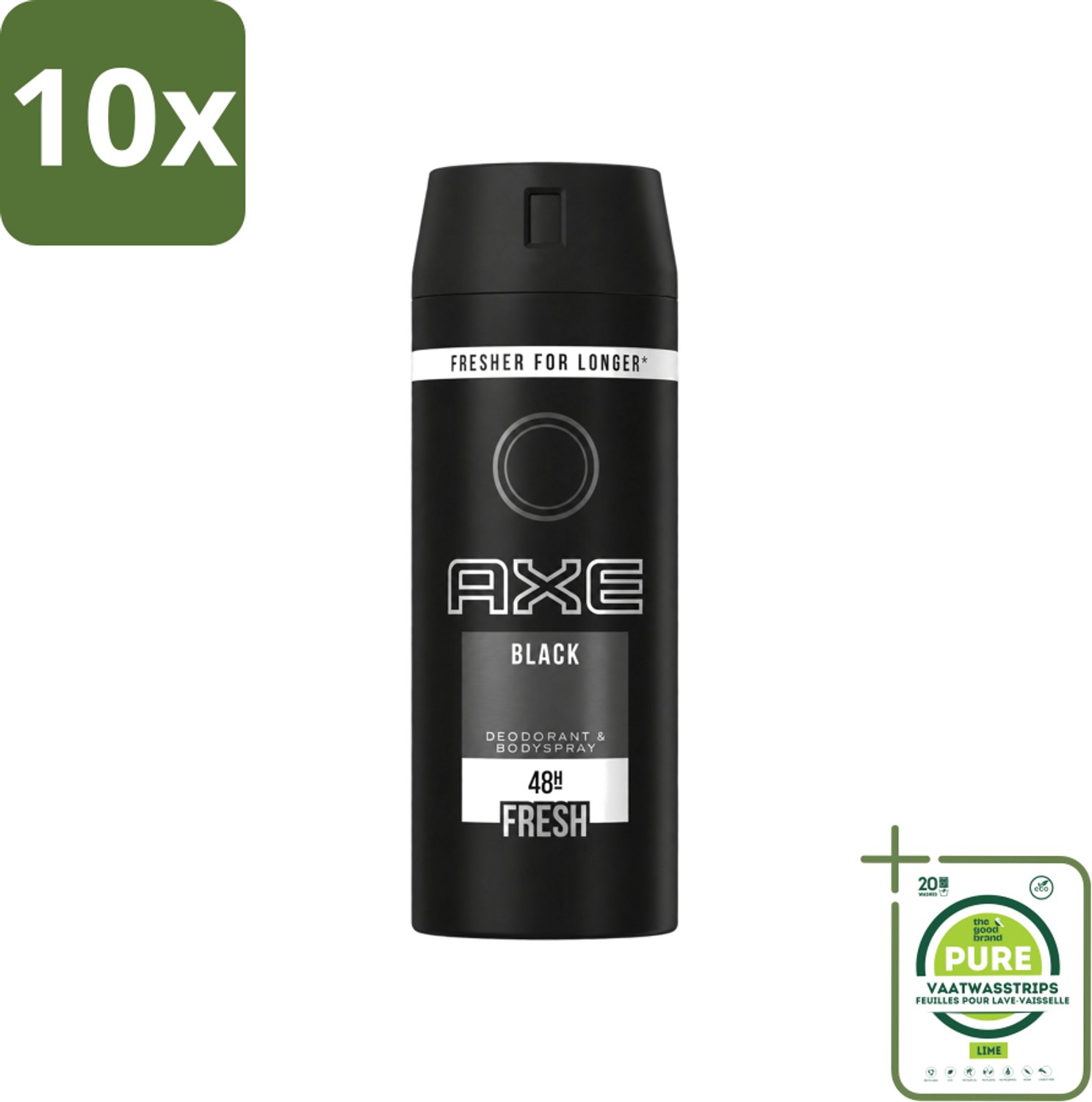 10 x Axe - Deodorant Bodyspray - 48hrs Fresh - Black - 150 ml - Grootverpakking - Vaatwasstrips - Axe Deo - Zweetgeur - Bodyspray - Anti-transpirant - Sandelhout