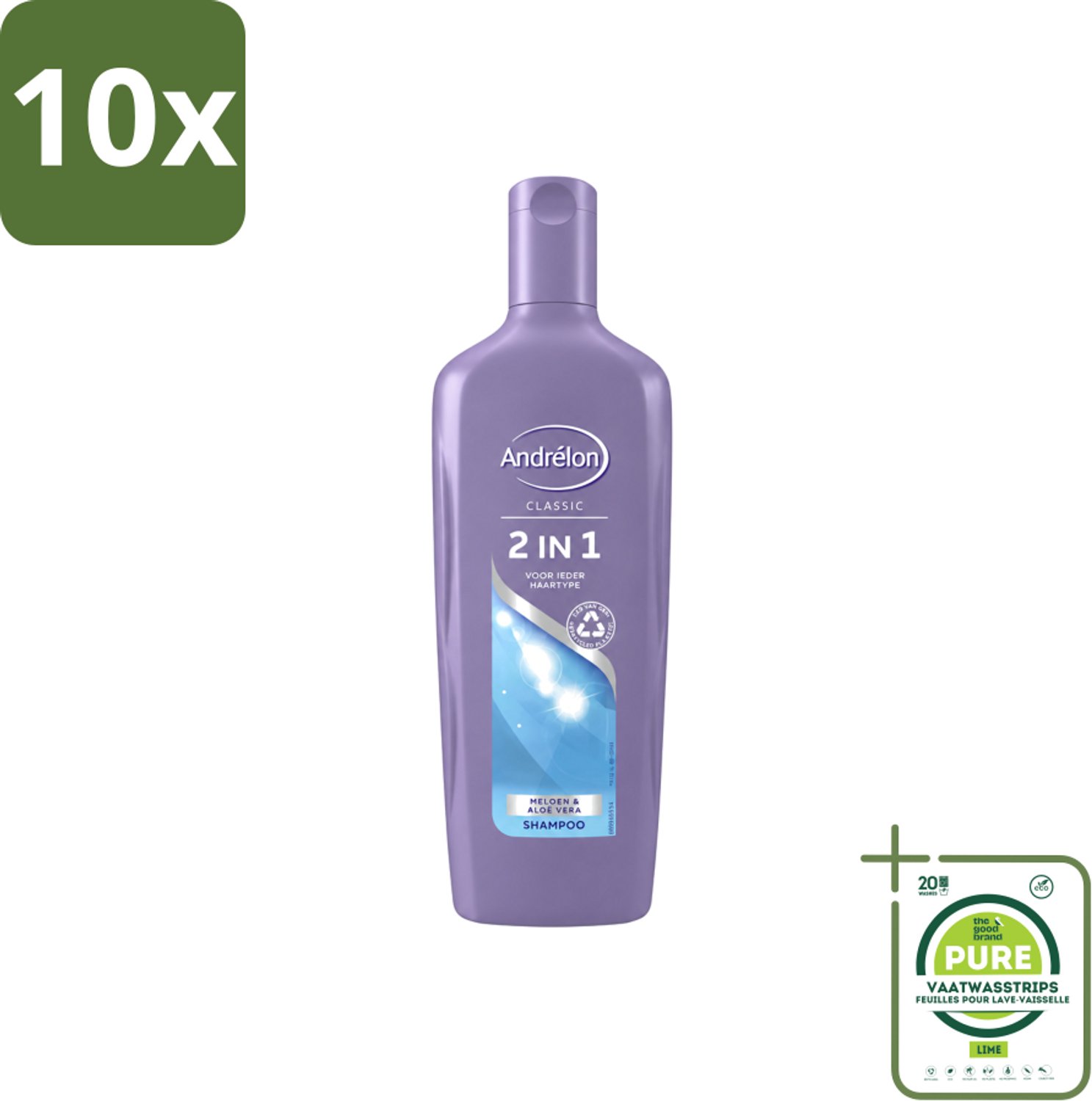 10 x Andrélon - 2-in-1 - Shampoo - Voor Snel & Effectief Wassen - 300 ml - Grootverpakking - Vaatwasstrips - 2-in-1 Shampoo En Conditioner - Snel Wassen - Haar Verzorgen - Meloen En Aloë Vera - Hydraat