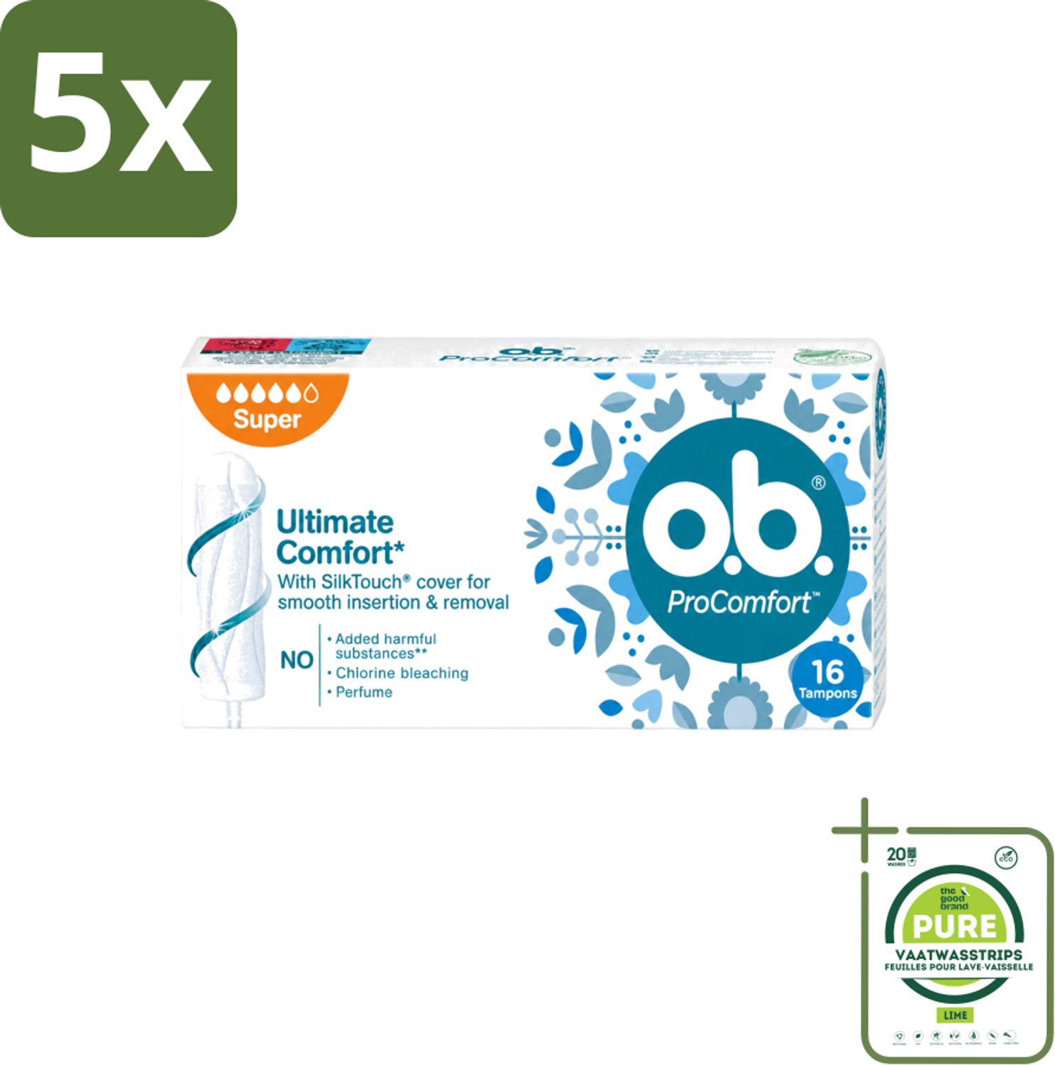 5 x o.b. Tampons - ProComfort Super - Voor Comfort en Zachte Bescherming - 16 Tampons - Grootverpakking - Vaatwasstrips - Tampons - Menstruatiebescherming - Comfort - Zachte Bescherming - Plantaardige Kern