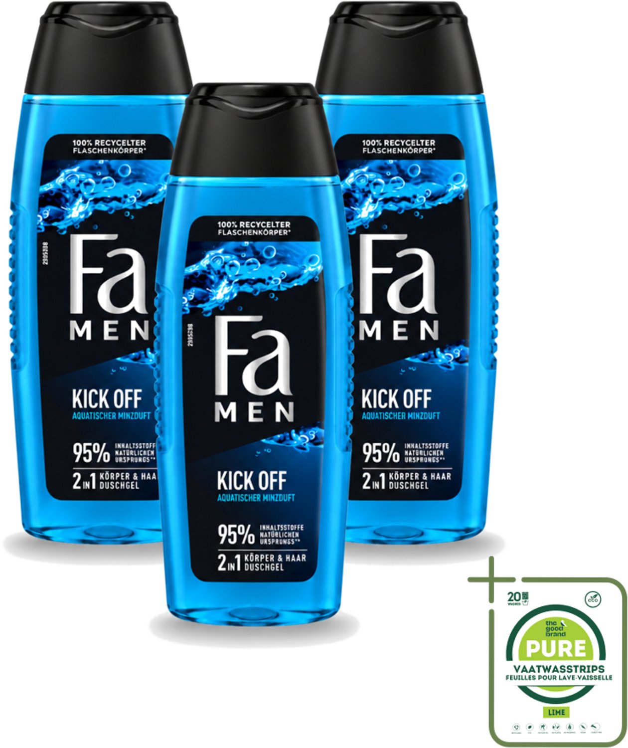 3 x Fa Men - Douchegel - Kick Off - Verfrissend & Energiek - Verzorgend - 250 ml - Grootverpakking - Vaatwasstrips - Douchegel Voor Mannen - Watermunt Geur - Energie Voor Dag - Verfrissende Douche - Verzorgende Douche