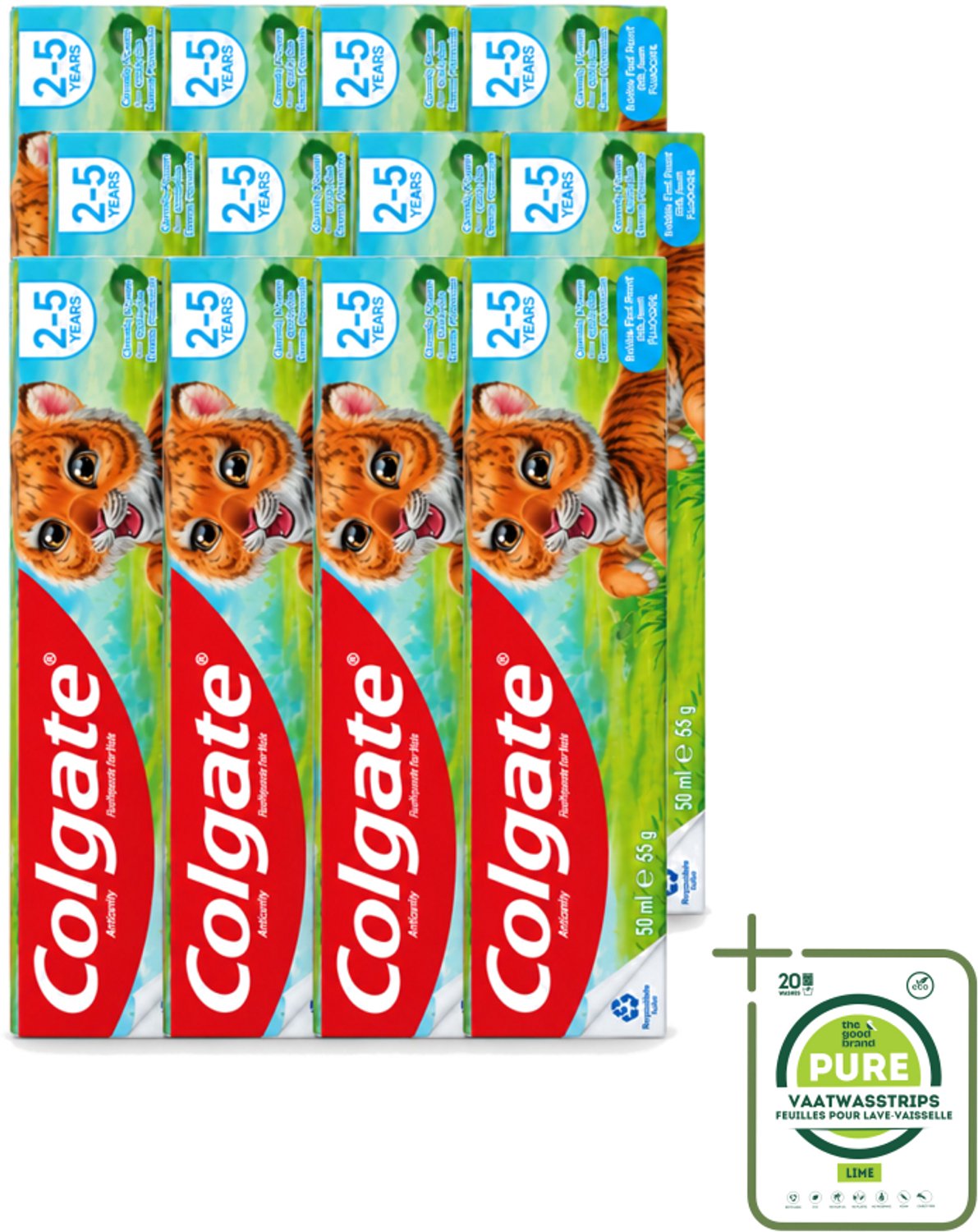 12 x Colgate - Bubble Fruit - Kindertandpasta - Voor 2 tot 5 jaar oud - 50ml - Grootverpakking - Vaatwasstrips - Kinder Tandpasta - Melktanden Beschermen - Gaatjes Voorkomen - Kinder Tanden Poetsen - Suikervrije Tandpasta