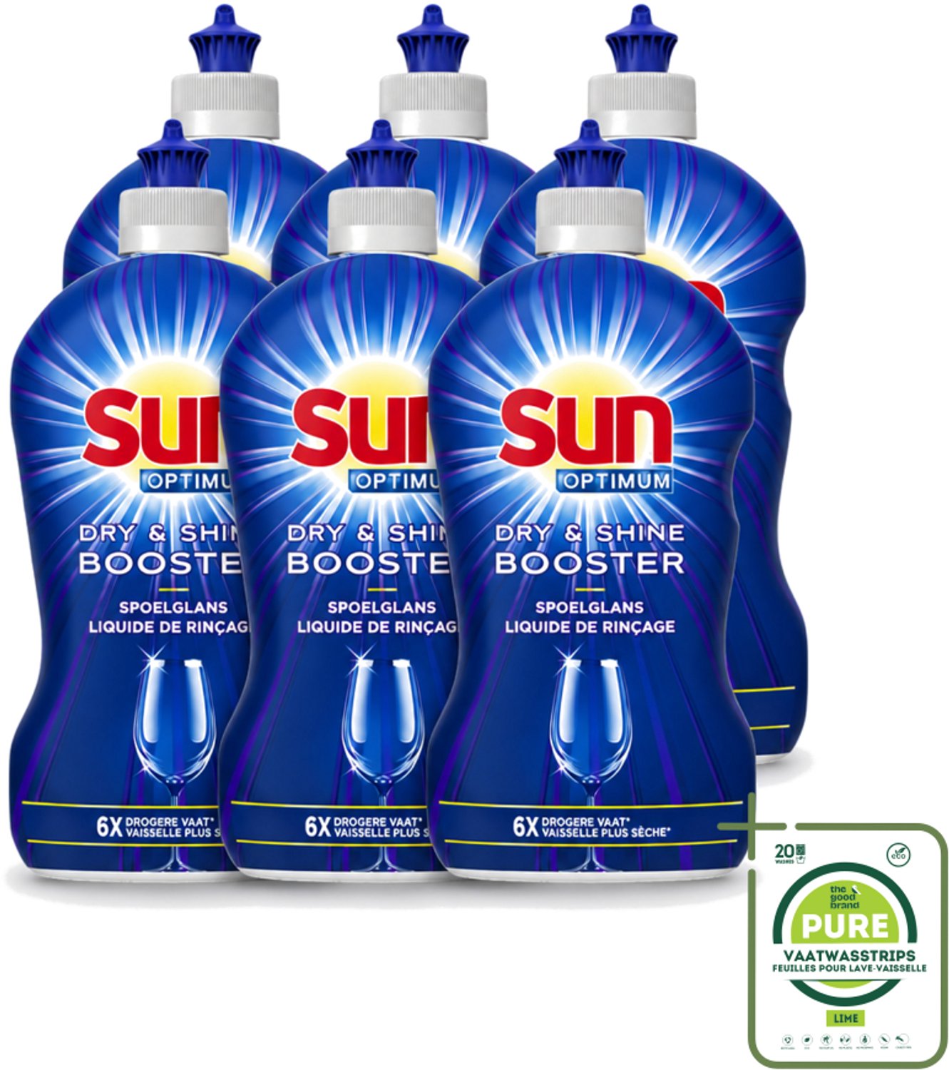 6 x Sun - Shine & Dry Booster - Spoelglans - 450 ml - Grootverpakking - Vaatwasstrips - Spoelglans - Vaatwasmachine - Snellere Droging - Glanzend Vaat - Streeploos Vaat