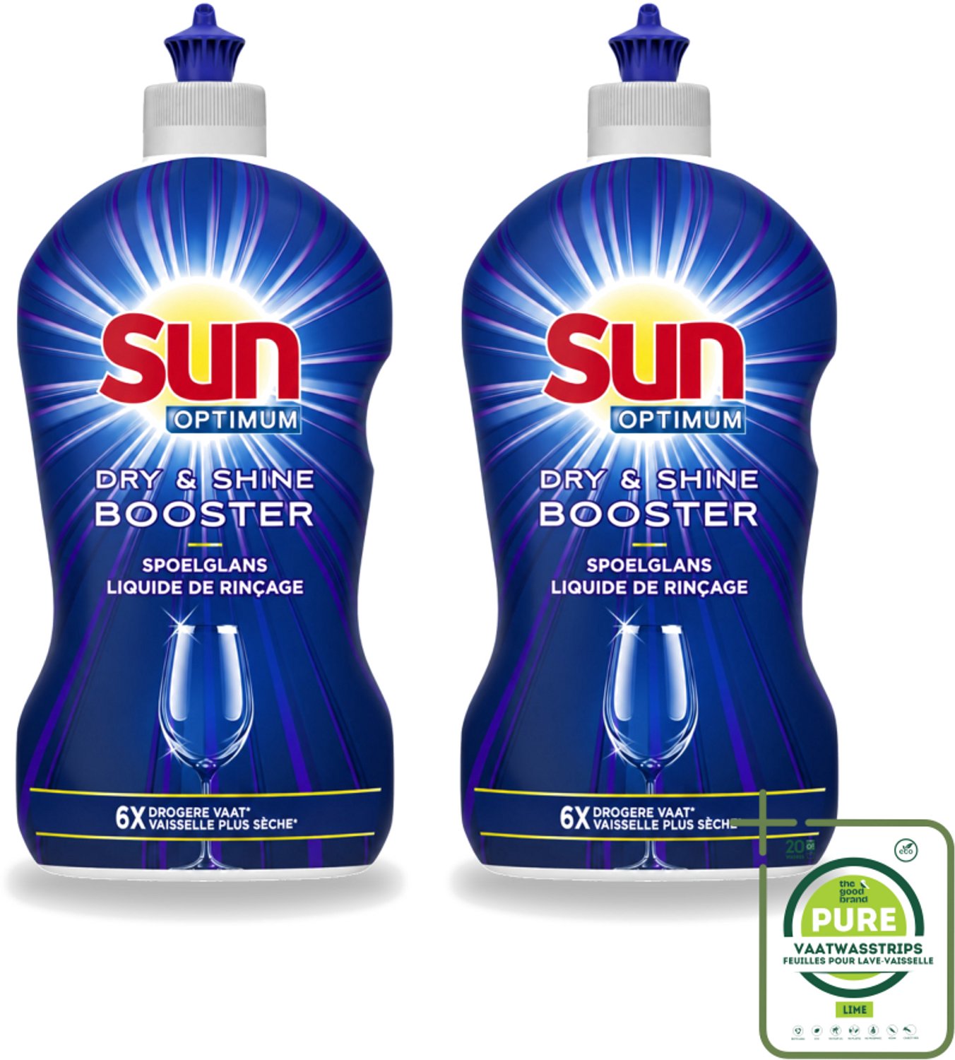 2 x Sun - Shine & Dry Booster - Spoelglans - 450 ml - Grootverpakking - Vaatwasstrips - Spoelglans - Vaatwasmachine - Snellere Droging - Glanzend Vaat - Streeploos Vaat