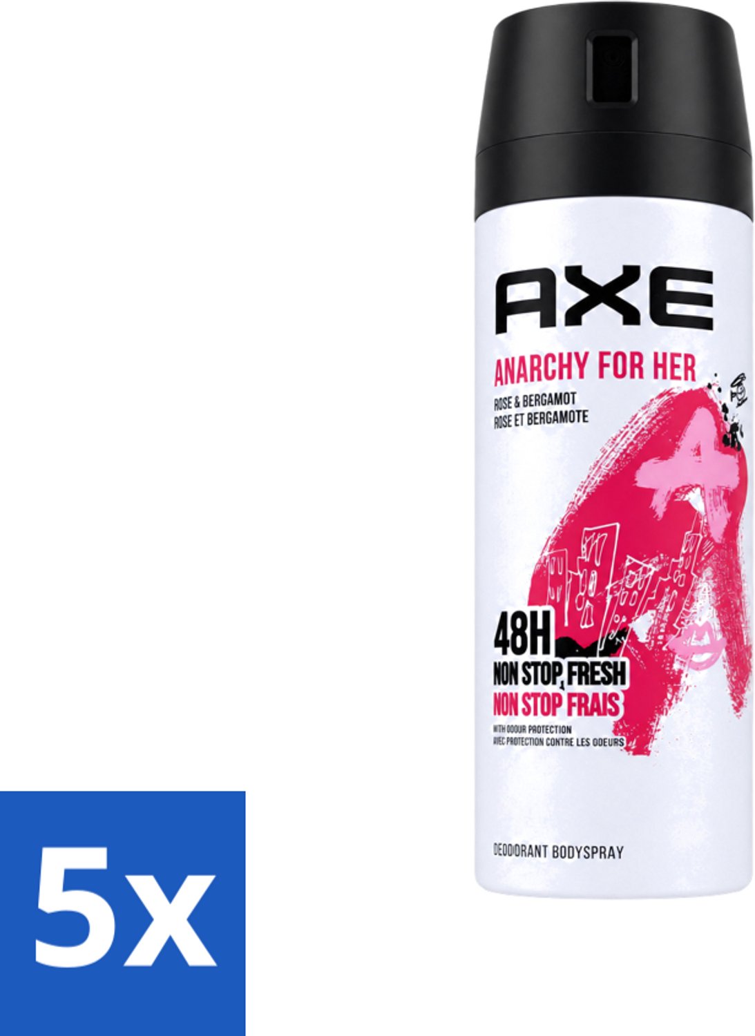 5 x Axe - Deodorant Bodyspray - 48hrs Non Stop Fresh - Anarchy For Her - Rose & Bergamot - 150 ml - Voordeelverpakking - 5 stuks