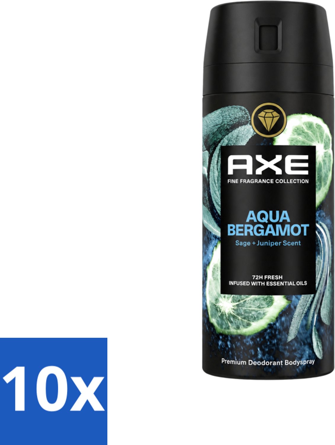 10 x Axe - Deodorant Bodyspray - 72hrs Fresh - Aqua Bergamot - Sage & Juniper - 150 ml - Voordeelverpakking - 10 stuks