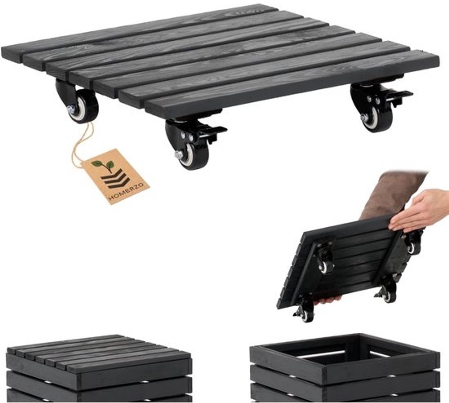 Plantenroller met rem - Rolplank voor bloempotten - Verplaatsen in de tuin - 90 kg draagkracht - 36 x 36 cm - Antraciet