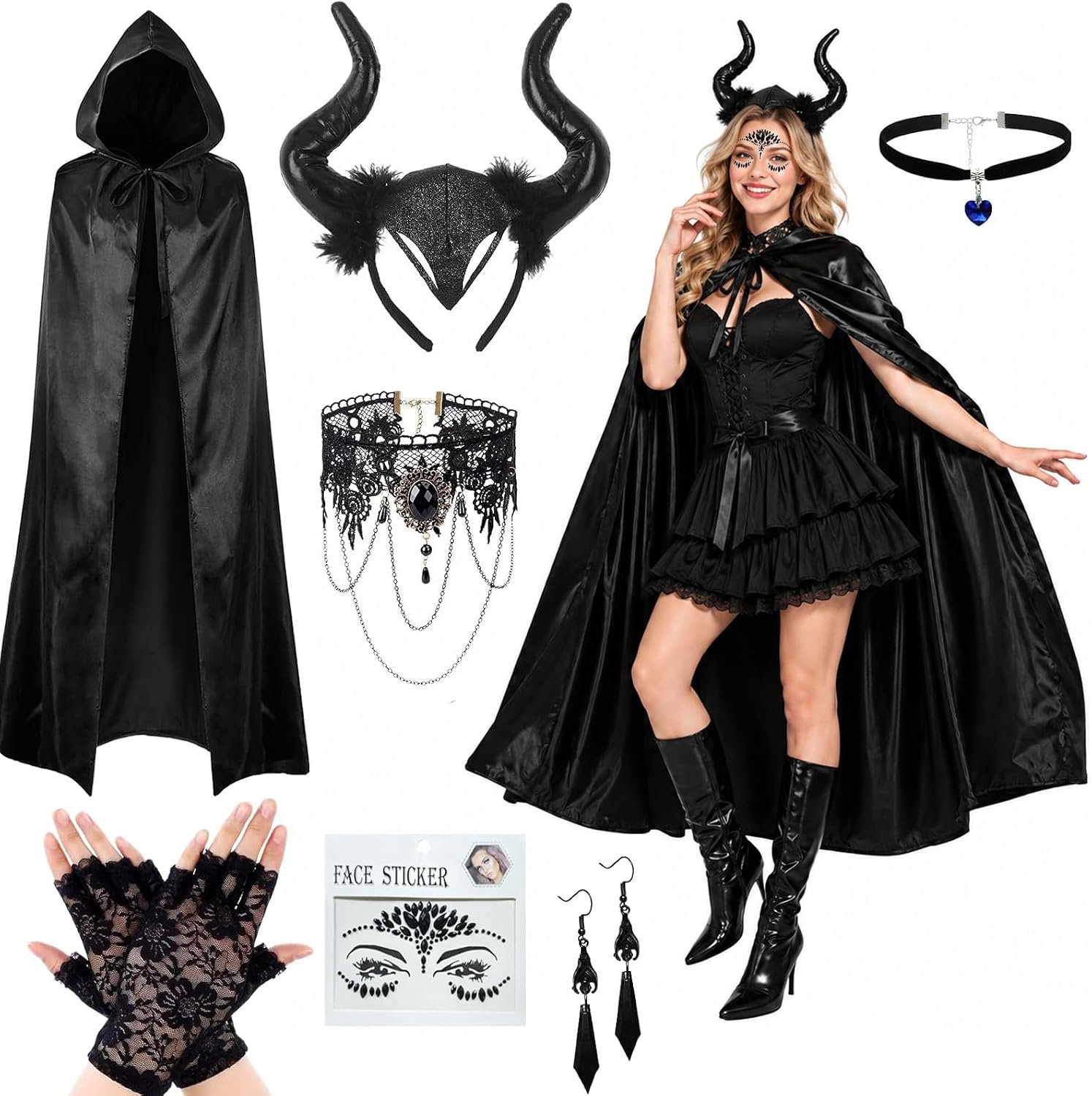 Duivelskostuum voor dames, set met veren kraag, zwart, voor Halloween, carnaval, maskerade, cosplay