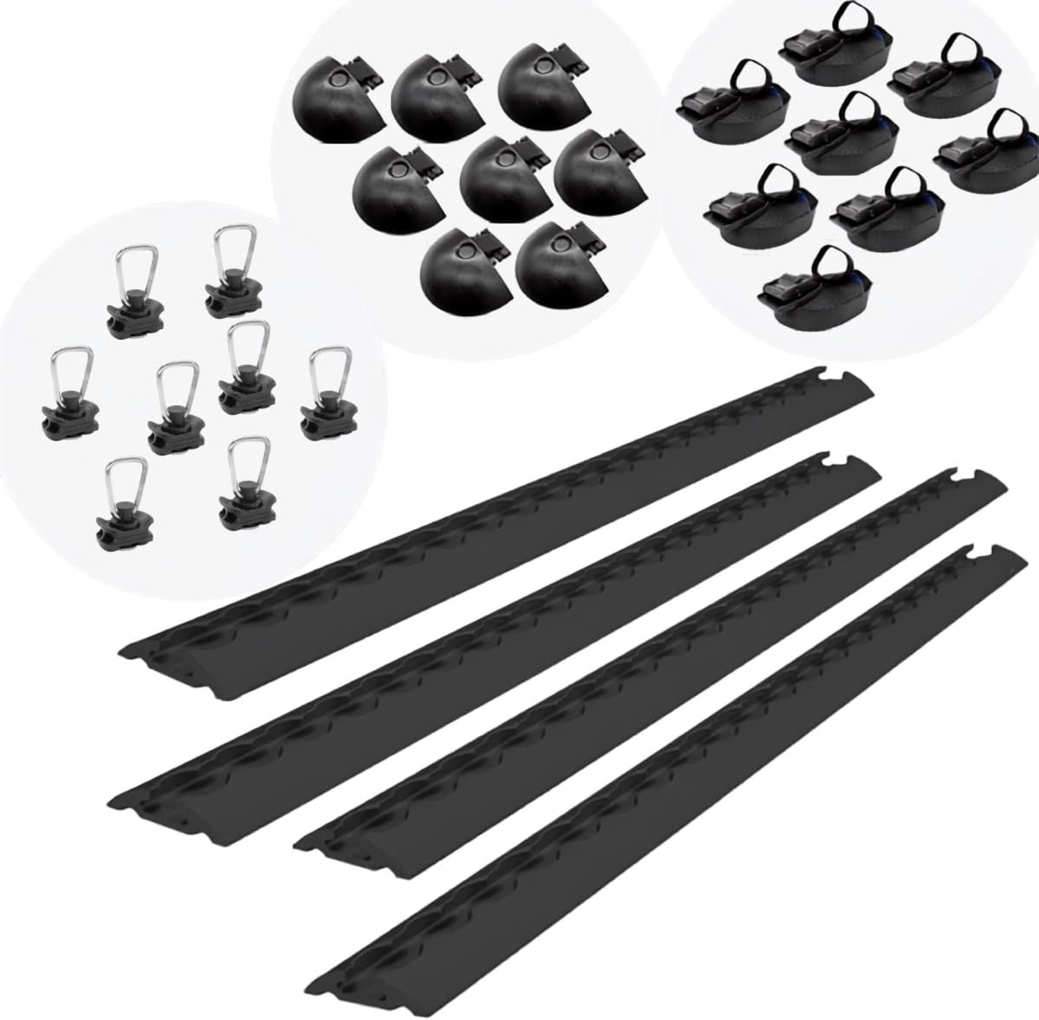 Set van 4 airline-rails van 1,0 m, 8 eindkappen, 8 fittingen en 8 spanbanden, zwart, KTL-gecoat, geboord halfrond, 50 x 11,5 mm, sjorrail voor bestelwagen, caravan, sprinter