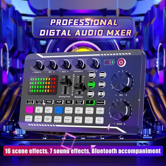 Geluidskaart- en audio-interface met DJ-mixer-effecten en stemwisselaar, F988 Bluetooth stereo audiomixer, voor live Youtube streaming, pc, opnamestudio en gaming — afbeelding 3