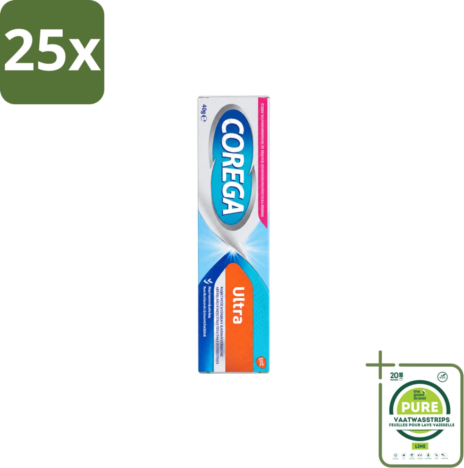 25 x Corega Ultra Kleefcrème - Krachtig Houvast & Bescherming - Met Verfrissende Mintsmaak - 40g - Grootverpakking - Vaatwasstrips - Gebitprothese Kleefcrème - Houvast Gebitsprothese - Prothese Fixatie - Prothese Crème - Mintsmaak Prothese