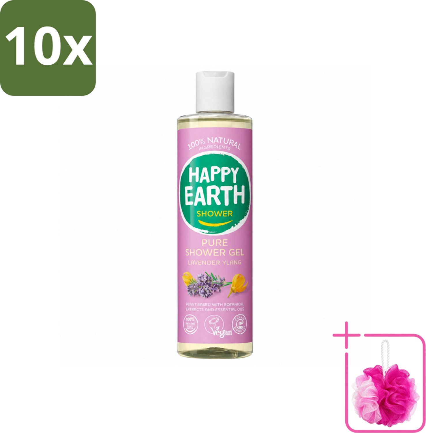 10 x Happy Earth – Douchegel – 100% Natuurlijk Lavender Ylang – 300 ml - Bulkverpakking - Douche gel - Douchemop - Natuurlijke douche