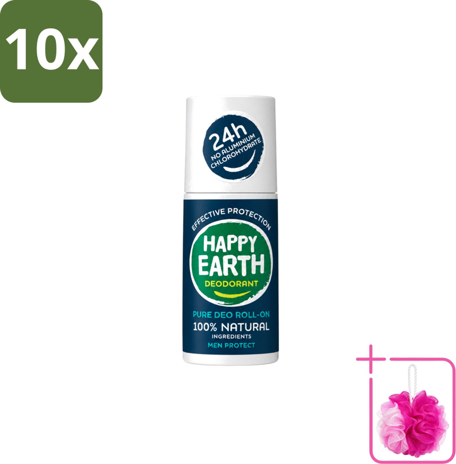 10 x Happy Earth – Deodorant Roll-On – 100% Natuurlijk Men Protect – 75 ml - Bulkverpakking - Natuurlijke deodorant voor mannen - Douchemop - Frisse geur