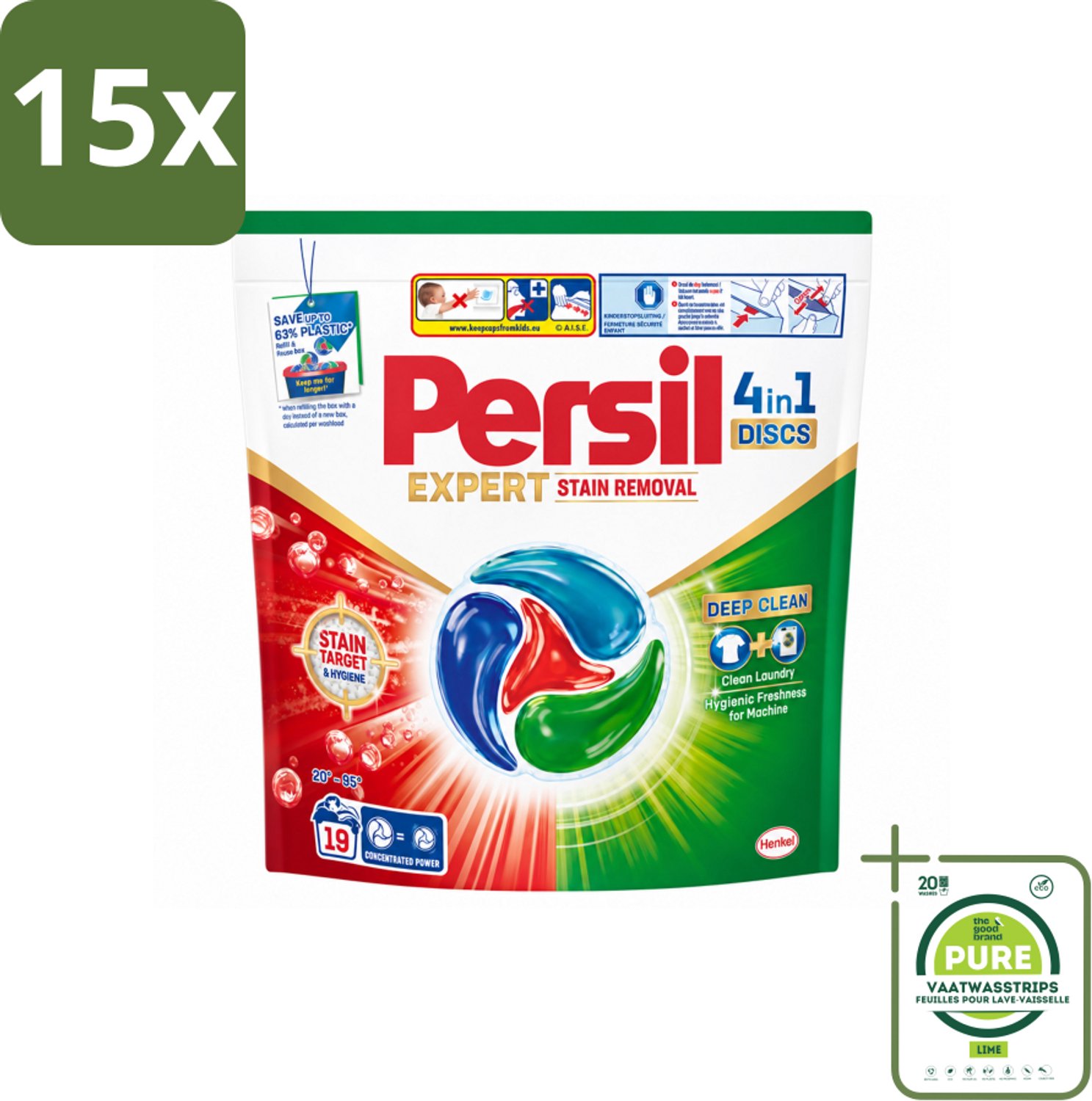 15 x Persil - Wasmiddelcapsules - Discs Stain Removal - 19 Capsules - Grootverpakking - Vaatwasstrips - Vlekverwijdering - Wasmiddel - Wasmiddelcapsules - Diepe Reiniging - Stofreiniging