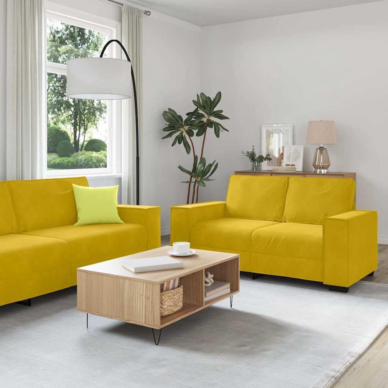 3-delig. Bankset met kussen geel fluweel, zacht polyesterweefsel, robuust houten en metalen frame, brede armleuningen, dikke bekleding voor woonkamer, kantoor en logeerkamer