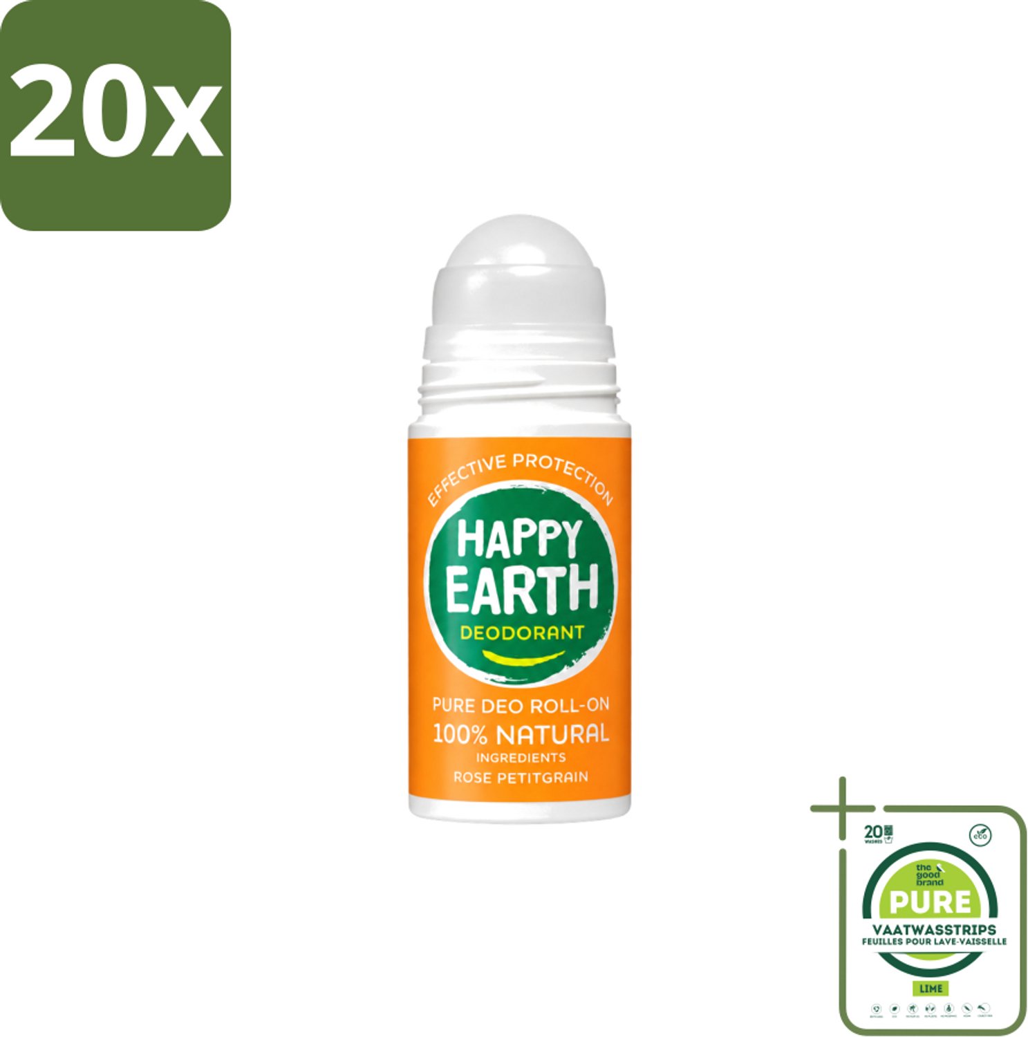 20 x Happy Earth – Deodorant Roll-On – 100% Natuurlijk Rose Petitgrain – 75 ml - Grootverpakking - Vaatwasstrips - Natuurlijke Deodorant - Roll-on Deodorant - Bloemige Geur - Frisse Geur - Huidvriendelijk
