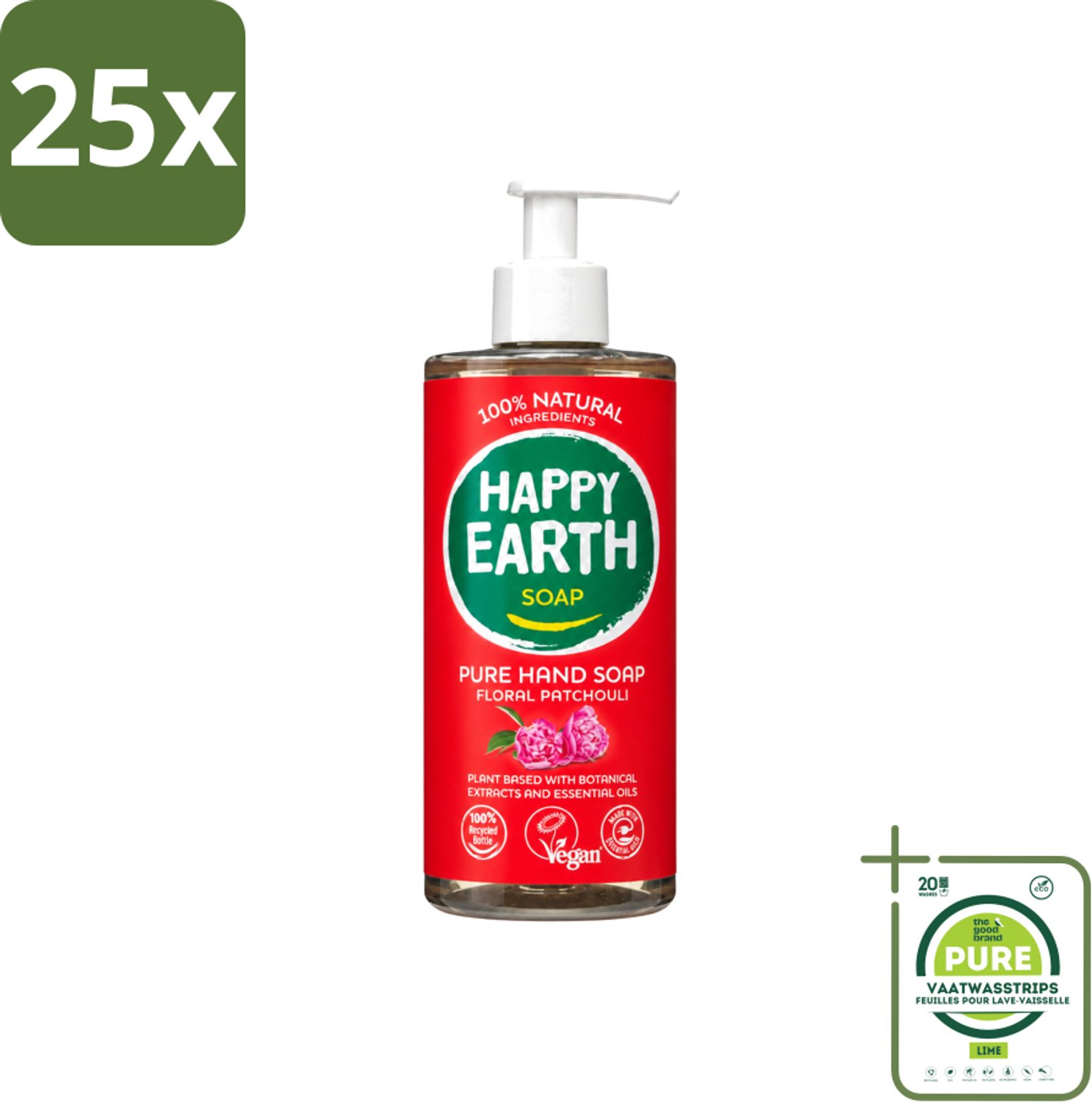 25 x Happy Earth – Handzeep – 100% Natuurlijk Floral Patchouli – 300 ml - Grootverpakking - Vaatwasstrips - Natuurlijke Handzeep - Vegan Handzeep - Handzeep Met Patchouli - Bloemige Handzeep - Huidvriendelijke Handzeep