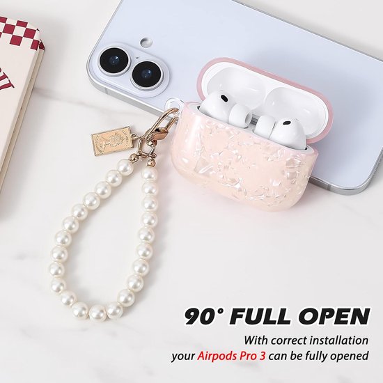 Beschermhoes, compatibel met AirPods Pro 3, Sparkle tas met parelsleutelhanger voor vrouwen, schokbestendig, ultradun, TPU, antislip, krasbestendig, anti-stof, roze — afbeelding 3