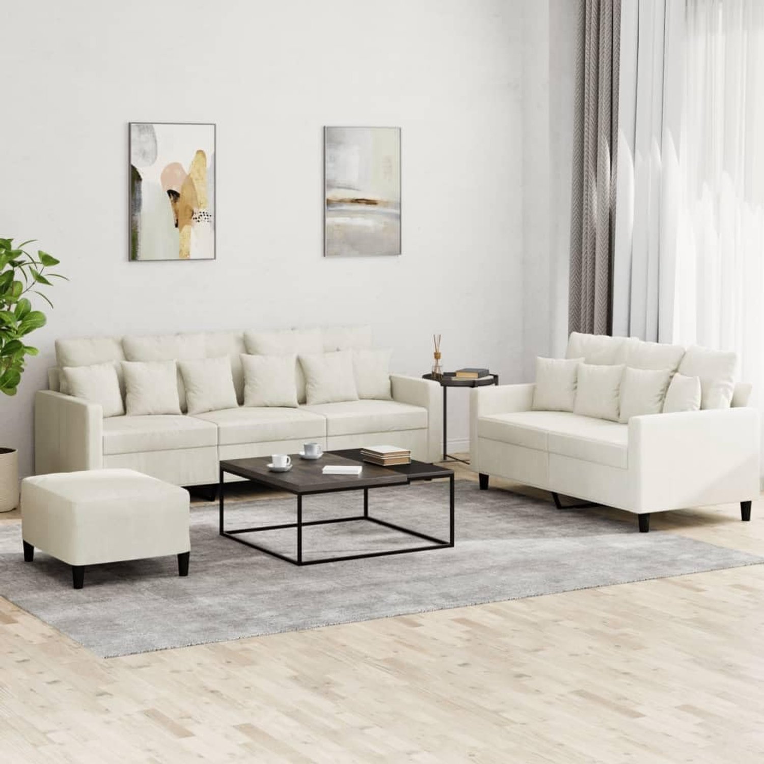 3-delige bankset met kussen, crèmefluweel, zachte velours sofaset voor woonkamer, robuust metalen frame en dikke bekleding voor comfortabel zitten, veelzijdige kruk