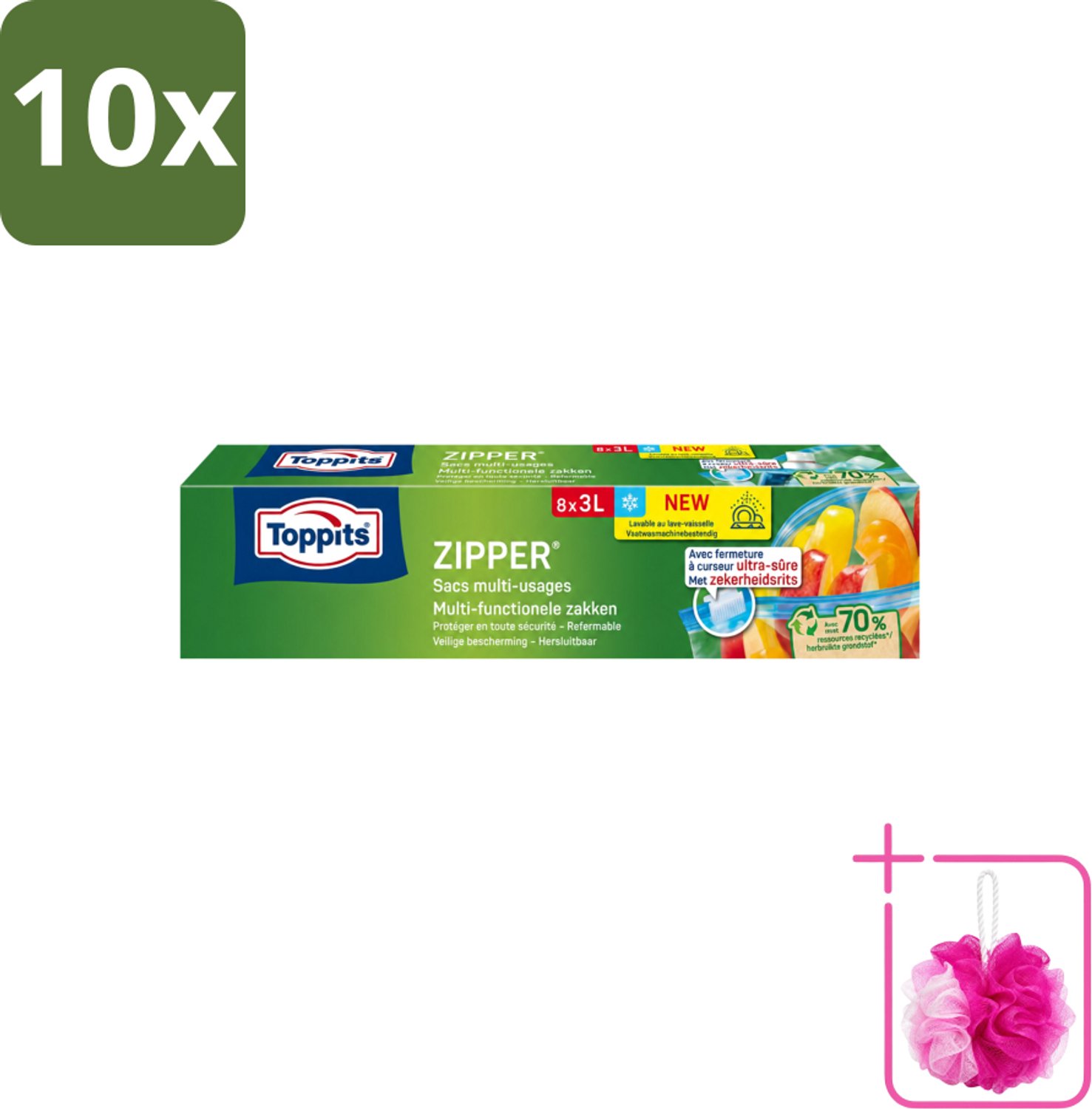 10 x Toppits – Zipper Multifunctionele Zakken – 3 Liter – 8 Zakjes - Bulkverpakking - Zipper zakken - Douchemop - Lekvrij