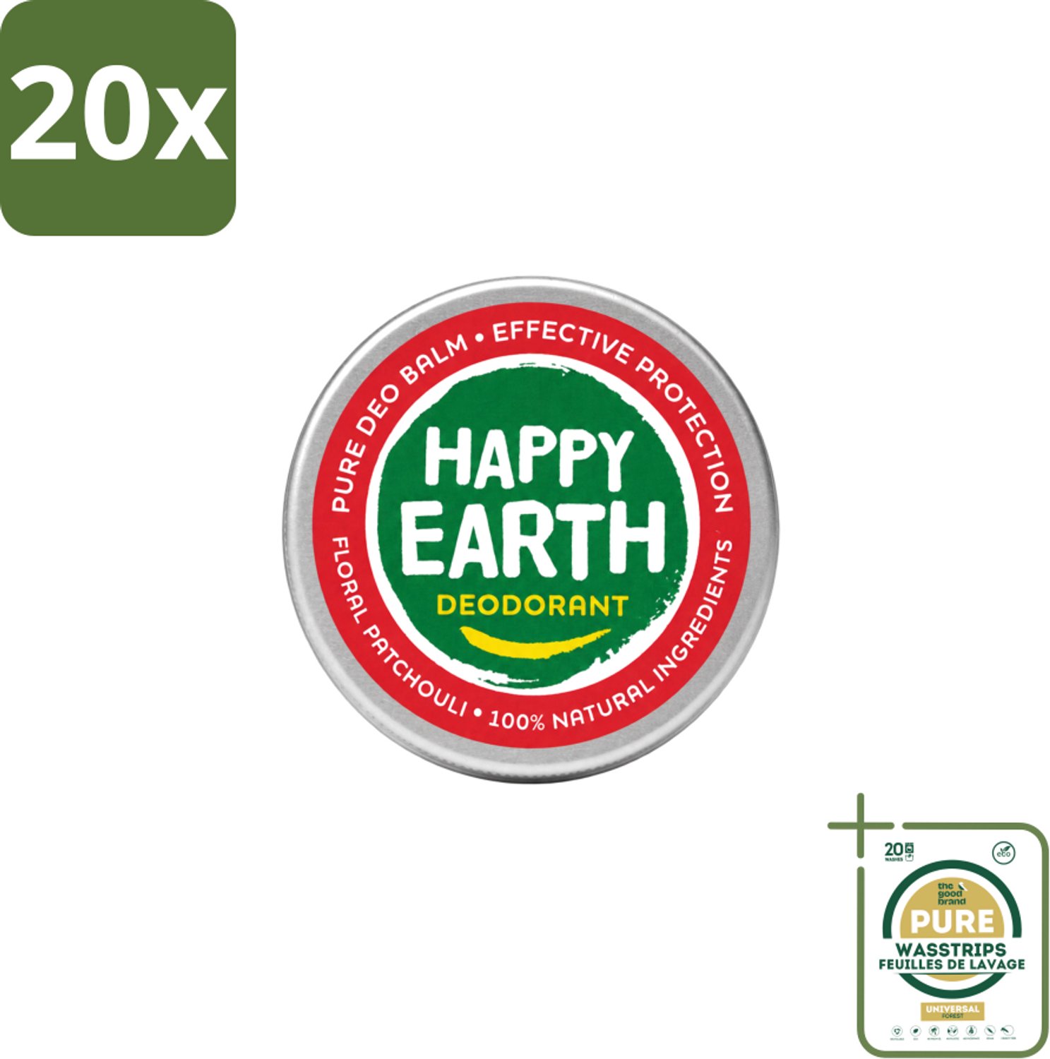 20 x Happy Earth – Deodorant Balm – 100% Natuurlijk Floral Patchouli – 45 g - Wasstrips - 100% Natuurlijke Deodorant - Bloemige Geur - Patchouli - Huidvriendelijk - Anti-geur