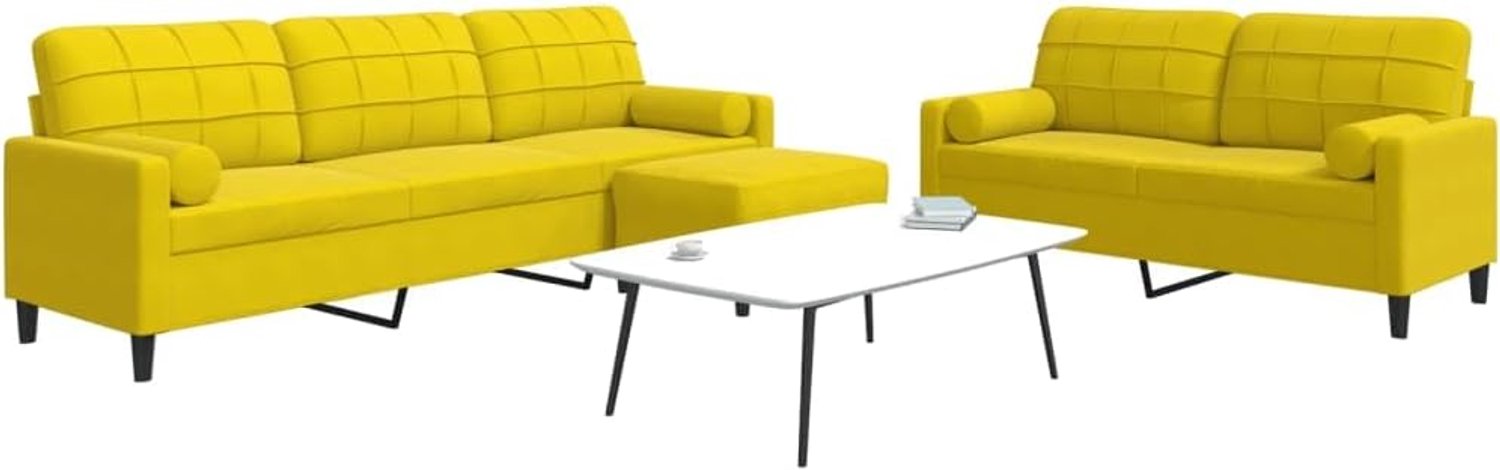 3-delige bankset met kussen en nekrollen, geel fluweel, zachte velours bankset met metalen frame, comfortabele bekleding voor woonkamer, veelzijdige kruk, duurzaam
