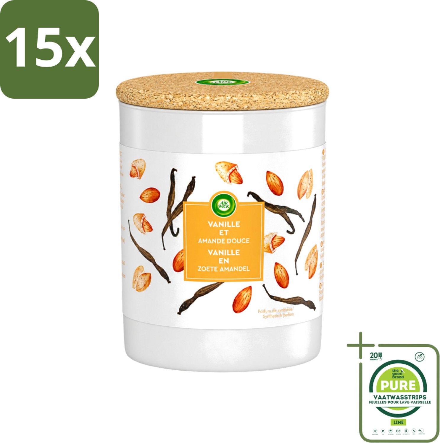Air Wick 15 x Air Wick - Geurkaars - Vanille & Zoete Amandel - 35 Uur Brandduur - Grootverpakking - Vaatwasstrips - Geurkaars - Vanille - Amandel - Warme Geur - Sfeer Oranje