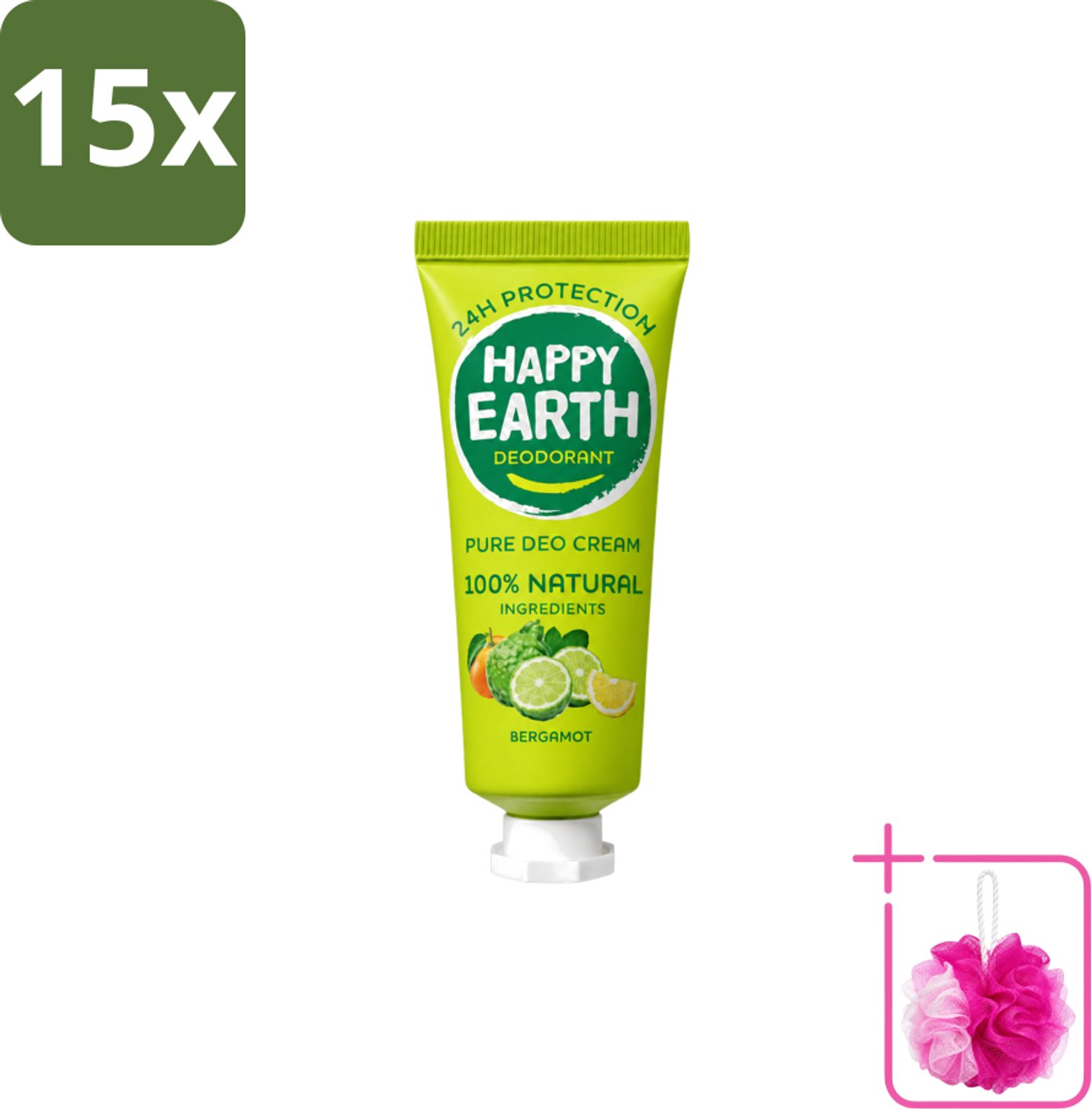 15 x Happy Earth – Deodorant Cream – 100% Natuurlijk Bergamot – 40 ml - Bulkverpakking - Natuurlijke deodorant - Douchemop - Bergamot deodorant