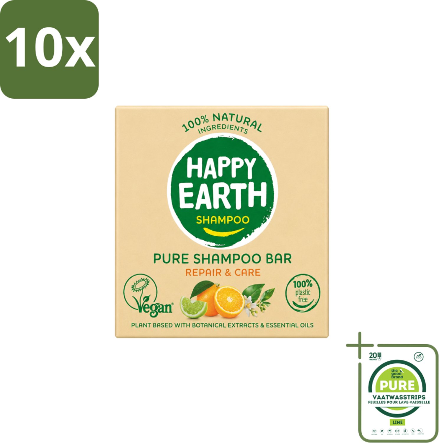 10 x Happy Earth – Shampoo Bar – 100% Natuurlijk Repair & Care – 70 g - Grootverpakking - Vaatwasstrips - Shampoo Bar - Droog Haar - Beschadigd Haar - Natuurlijke Shampoo - Vegan Shampoo